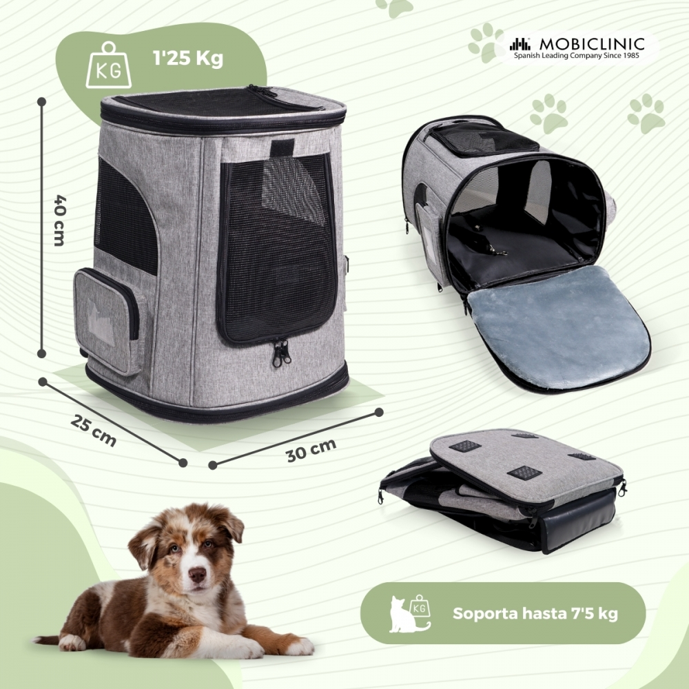 Un transportín gris con dimensiones, un cachorro y vistas abiertas y plegadas. El texto muestra peso y capacidad.
