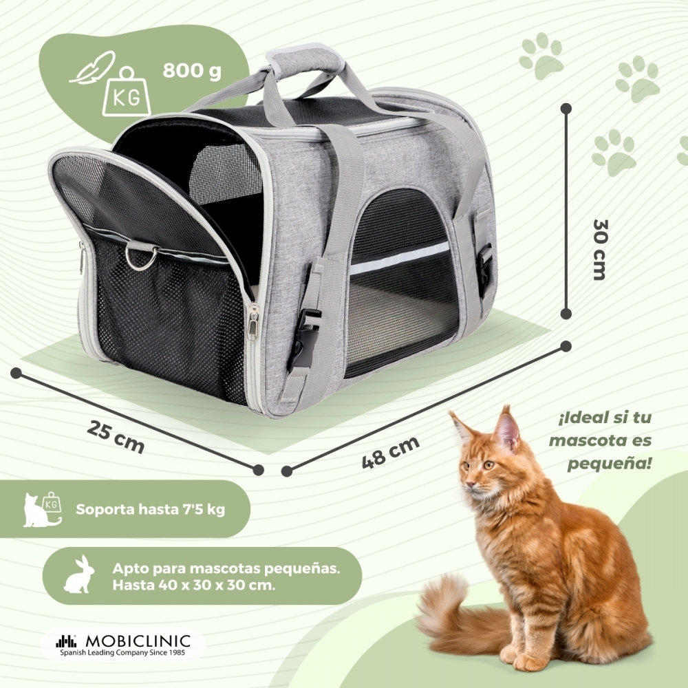 Transportín gris para mascotas con dimensiones, un gato a su lado. El texto detalla sus características y su idoneidad para mascotas pequeñas.