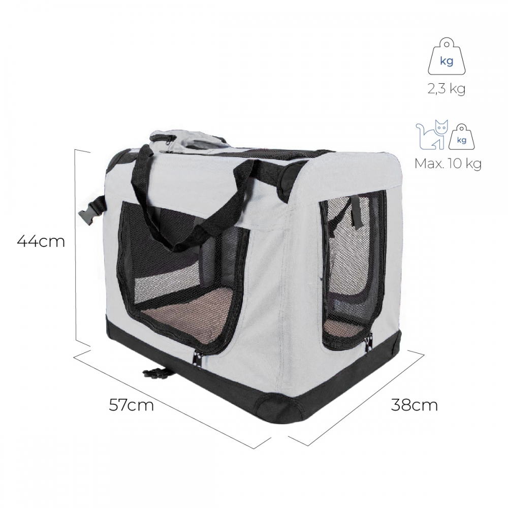 Transportín gris para mascotas con detalles negros. Dimensiones: 57cm x 38cm x 44cm. Máx. 10 kg. Tiene ventanas de malla y asa.
