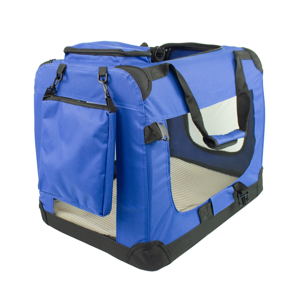 Un transportín azul para mascotas con detalles negros. Tiene una ventana de malla, un bolsillo y un asa. El transportín está sobre fondo blanco.