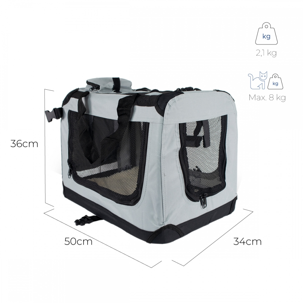 Transportín gris para mascotas con ventanas de malla negra y asa. Dimensiones: 50x34x36cm. Peso: 2,1kg. Peso máx. 8 kg.