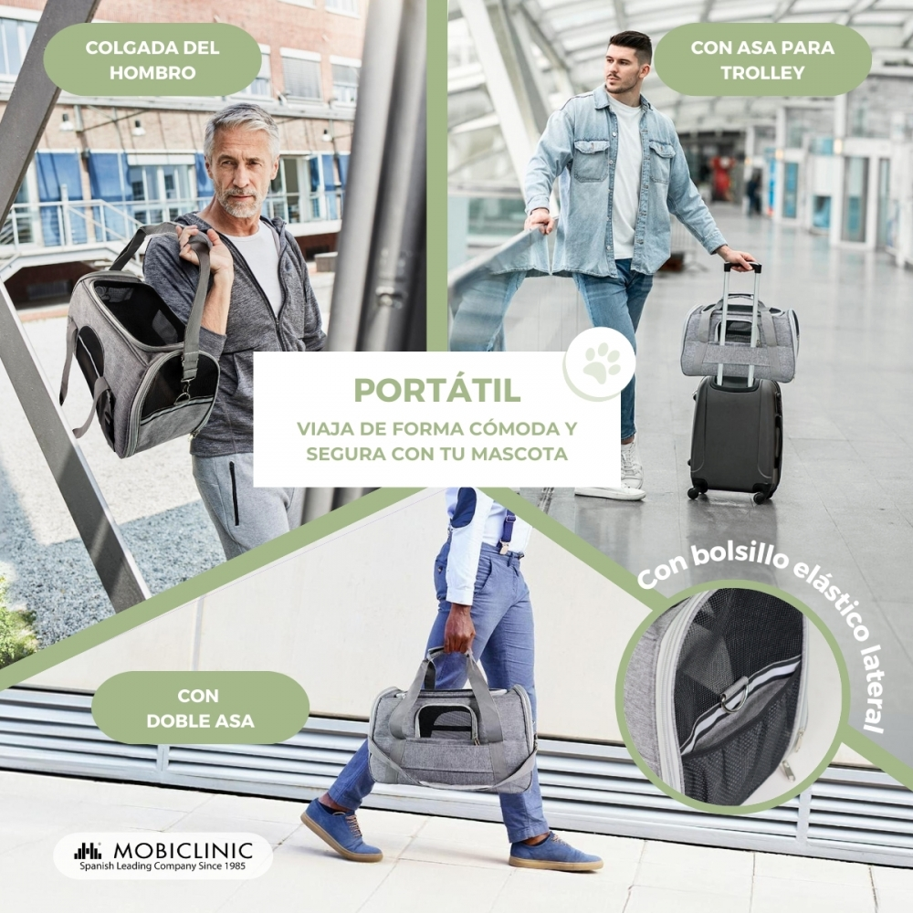 La imagen muestra un transportín para mascotas en uso. Las personas lo llevan al hombro, en un trolley y por las asas. El texto dice 'portátil' y 'viajar seguro'.