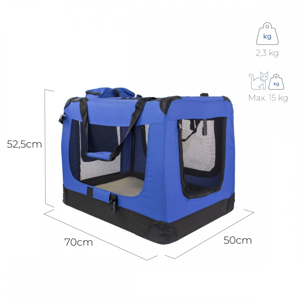 Transportín azul y negro para mascotas. Dimensiones: 70x50x52,5 cm. Capacidad: máx. 15 kg. Peso: 2,3 kg. Ventanas de malla.