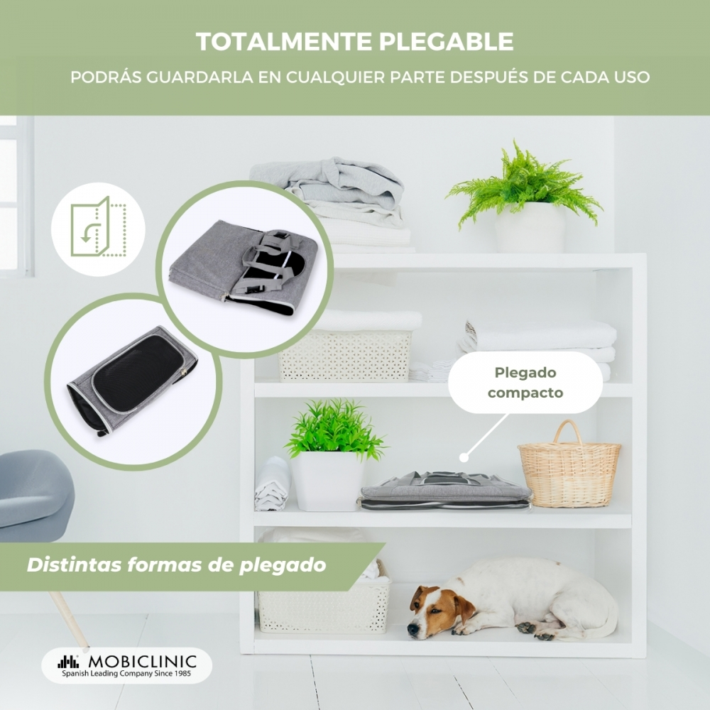 Un estante blanco muestra artículos plegados, plantas y un perro. Los diagramas muestran técnicas de plegado. Texto: Totalmente plegable, plegado compacto.