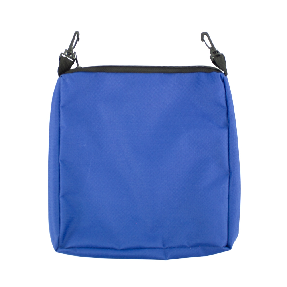 Una bolsa azul con cremallera negra y dos clips negros. El fondo es blanco.
