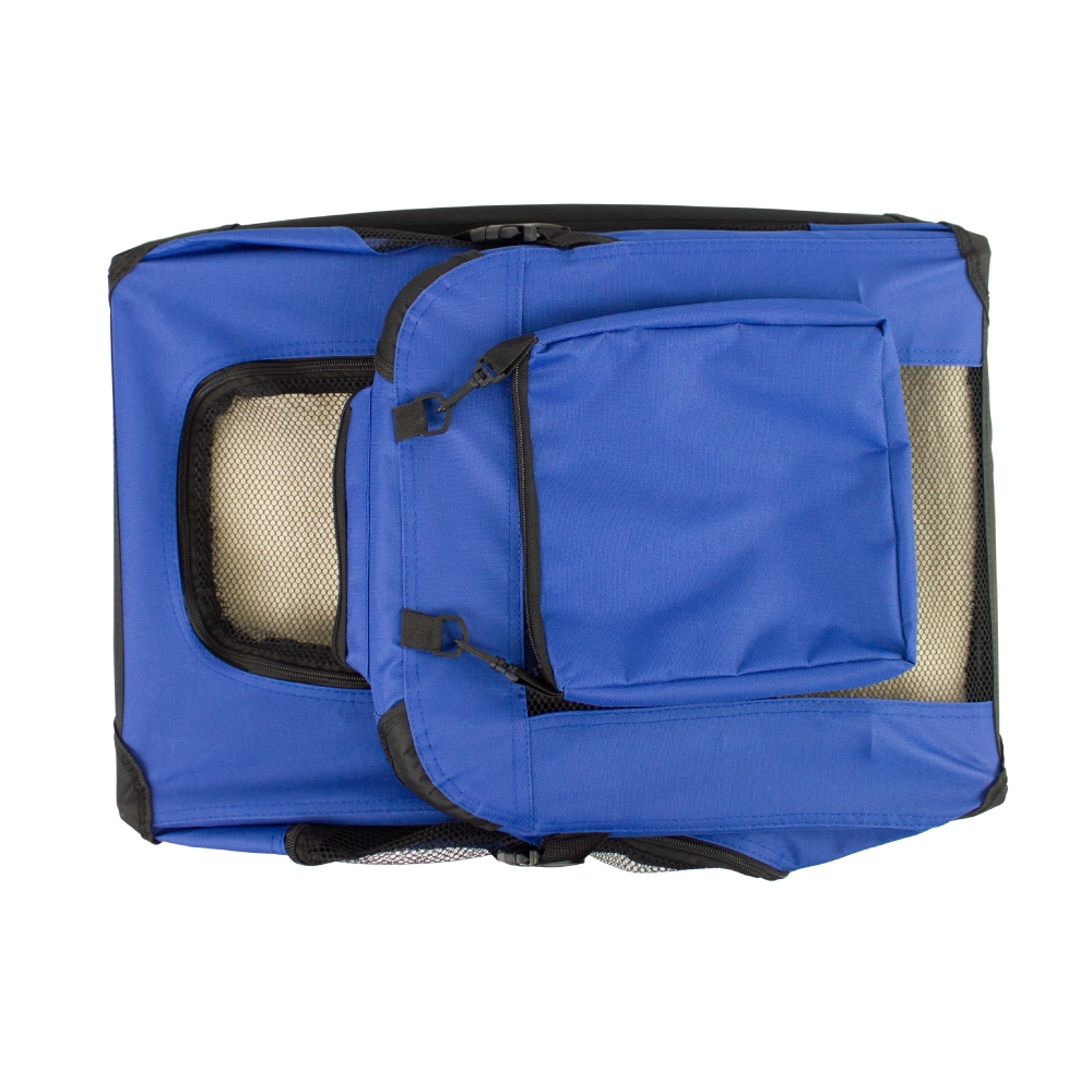 Transportín azul para mascotas, vista superior. Cuenta con ventana de malla, bolsillo pequeño y cremalleras negras. Borde negro.