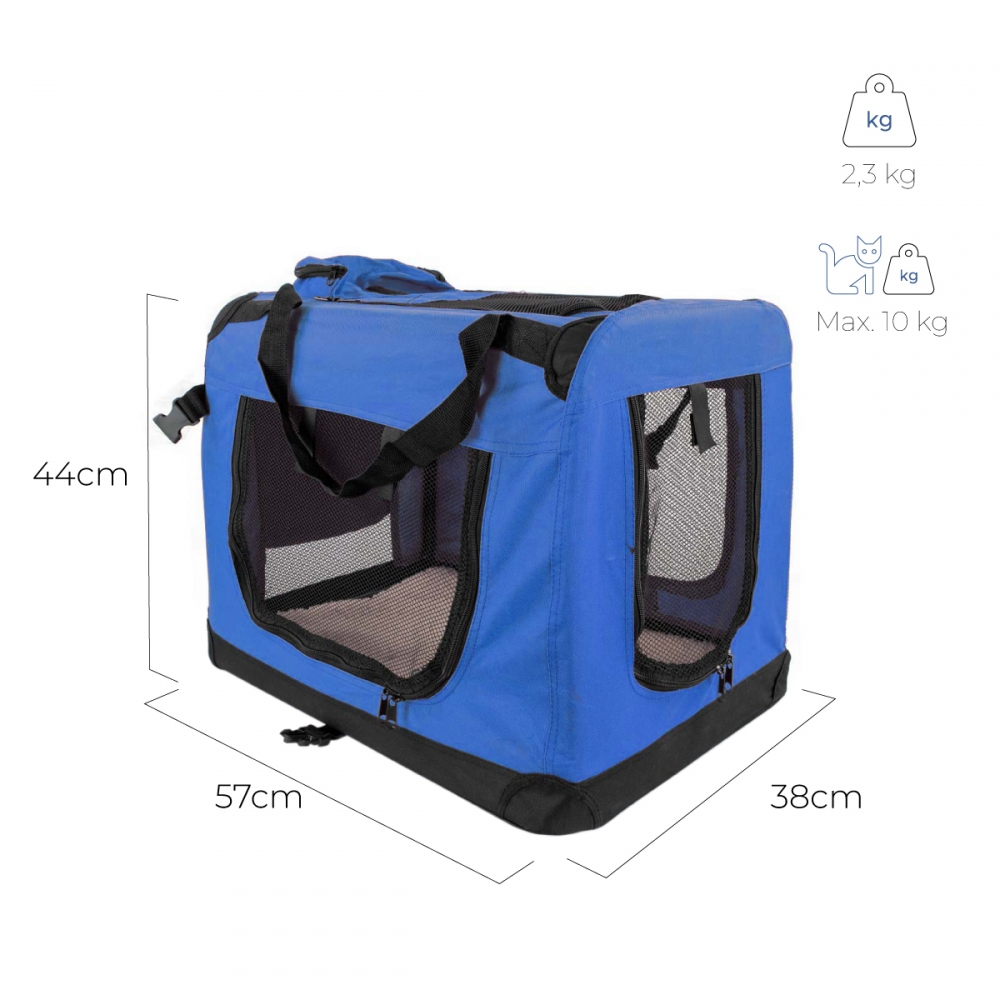 Transportín azul para mascotas con detalles negros. Dimensiones 57x38x44cm. Capacidad 10 kg. Peso del transportín 2,3 kg.