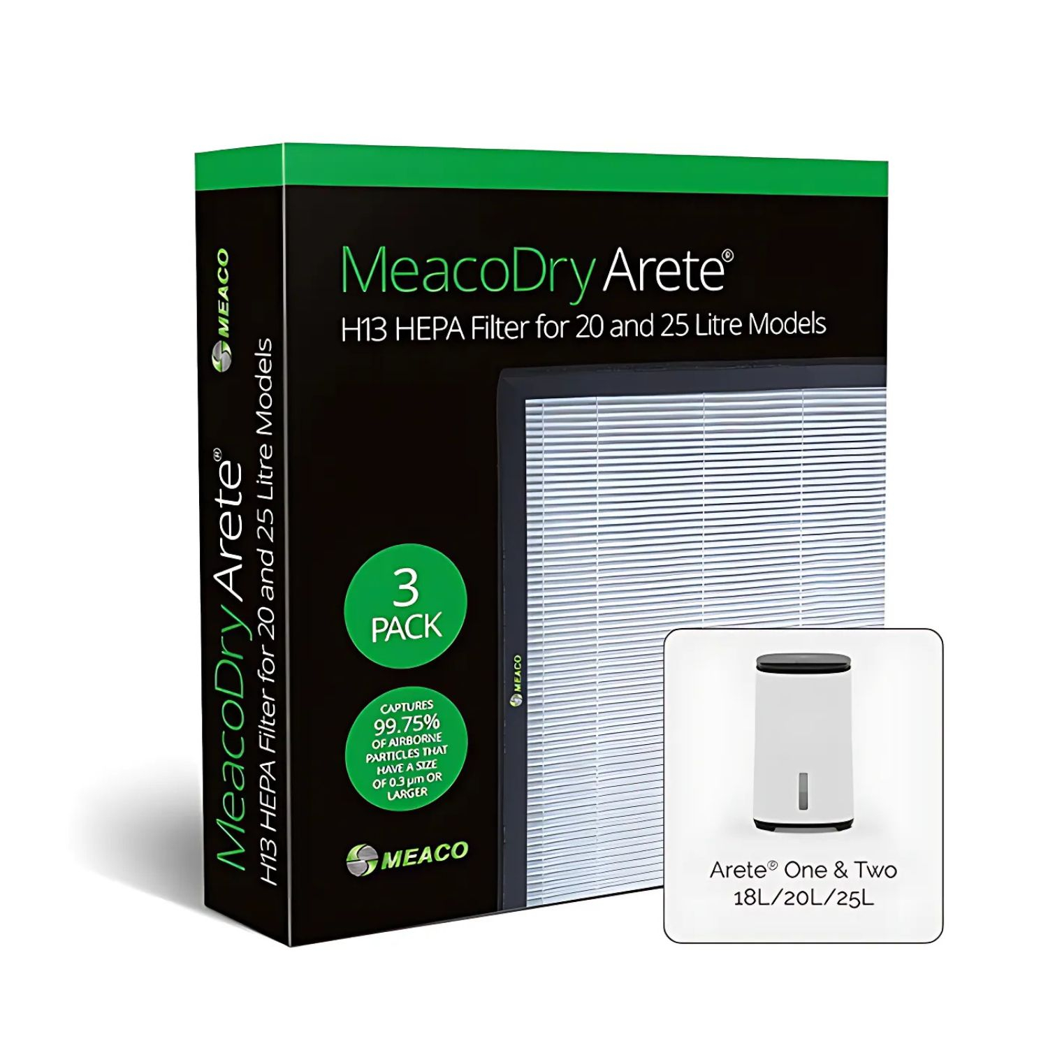 Una caja para un filtro H13 HEPA. Tiene la marca MeacoDry Arete. Incluye una imagen del filtro y un deshumidificador.