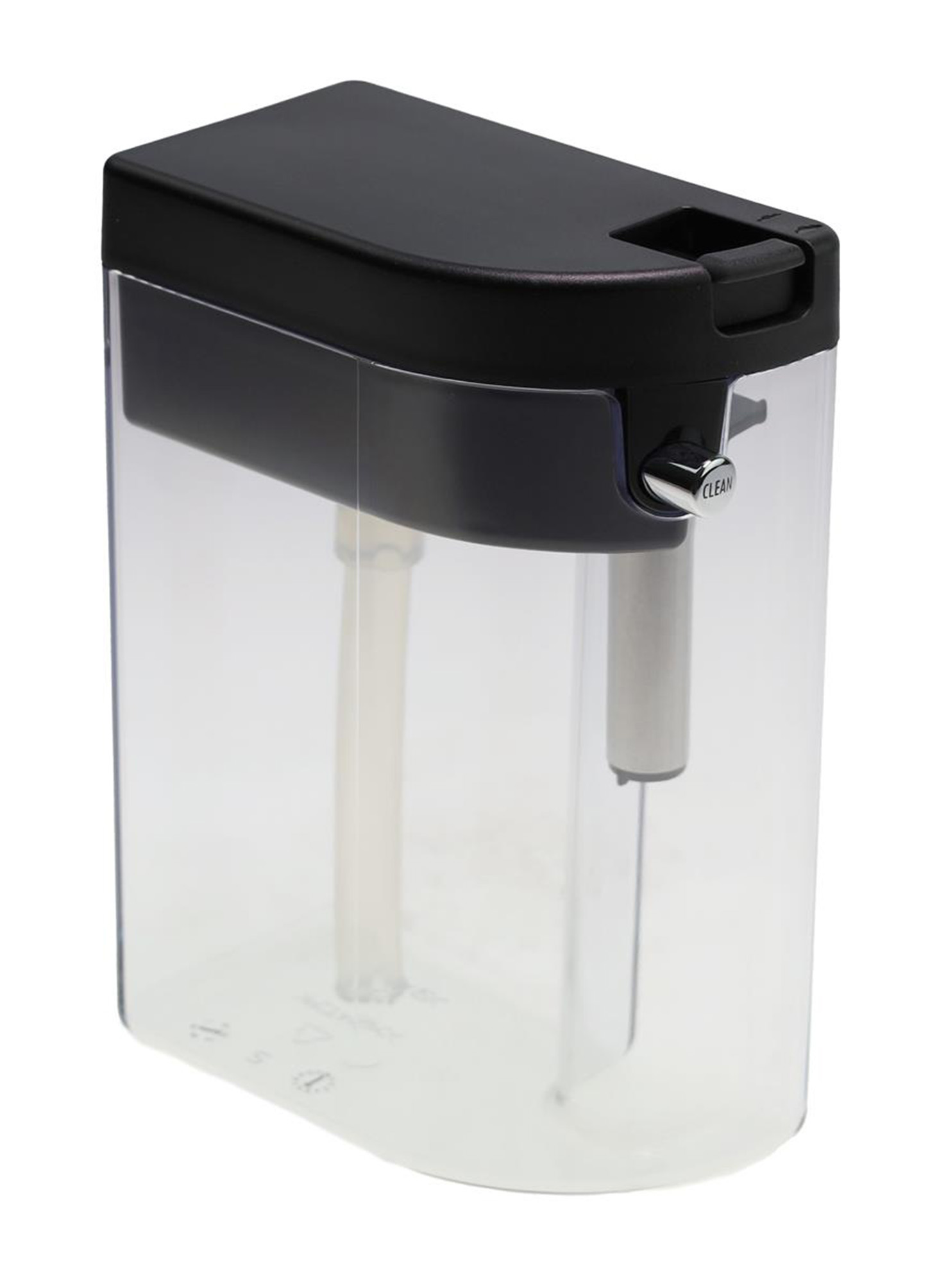 Ein klarer Wassertank aus Kunststoff mit schwarzem Deckel und einem silbernen Drehknopf mit der Aufschrift 'clean'. Es gibt zwei Röhren.