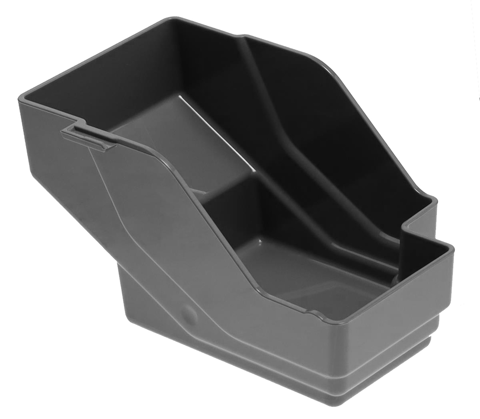 Eine graue Kunststoff-Aufbewahrungsbox mit abgewinkeltem Design. Sie hat Fächer und eine glatte, reflektierende Oberfläche, isoliert auf weißem Hintergrund.