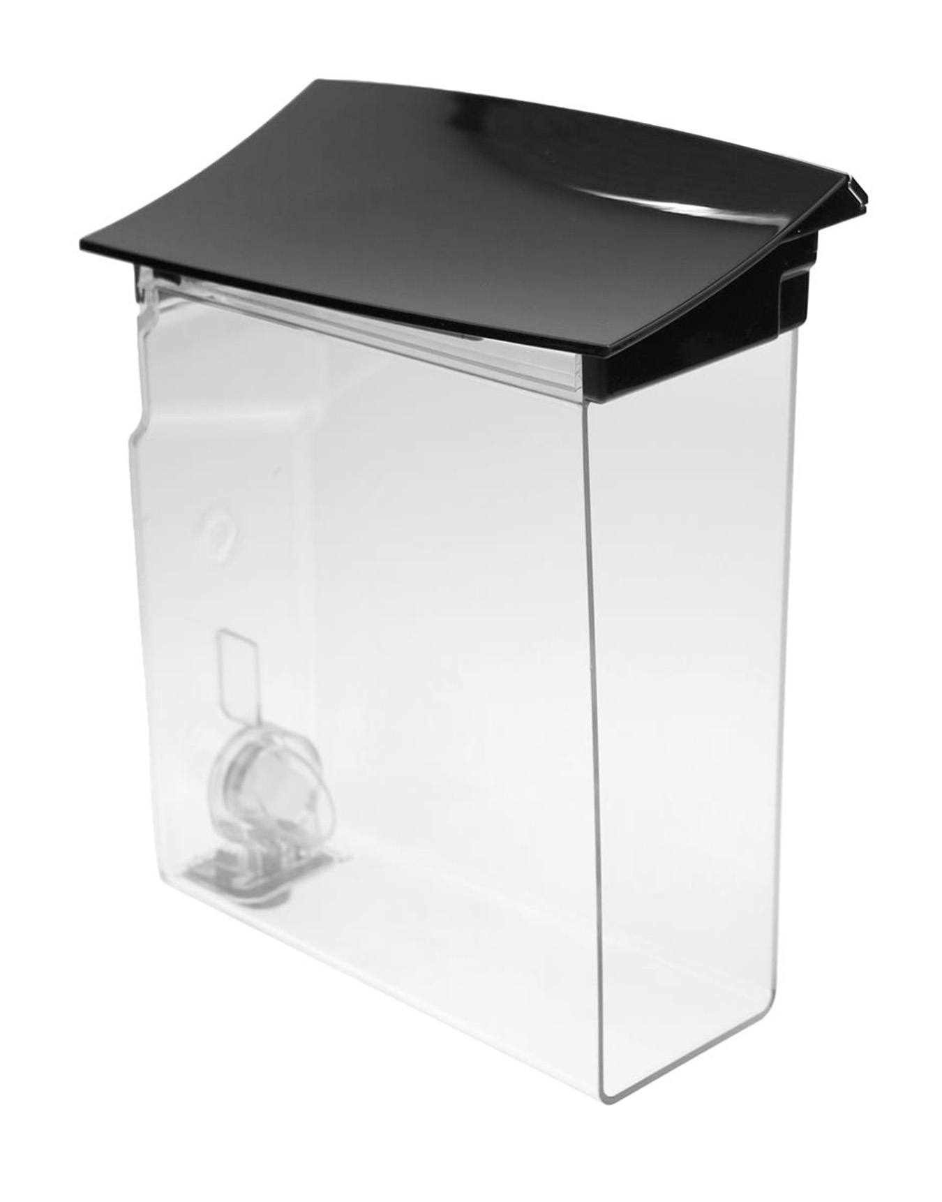 Ein klarer Plastikwassertank mit schwarzem Deckel. Im Inneren des Tanks befindet sich ein kleiner Mechanismus. Der Hintergrund ist weiß.