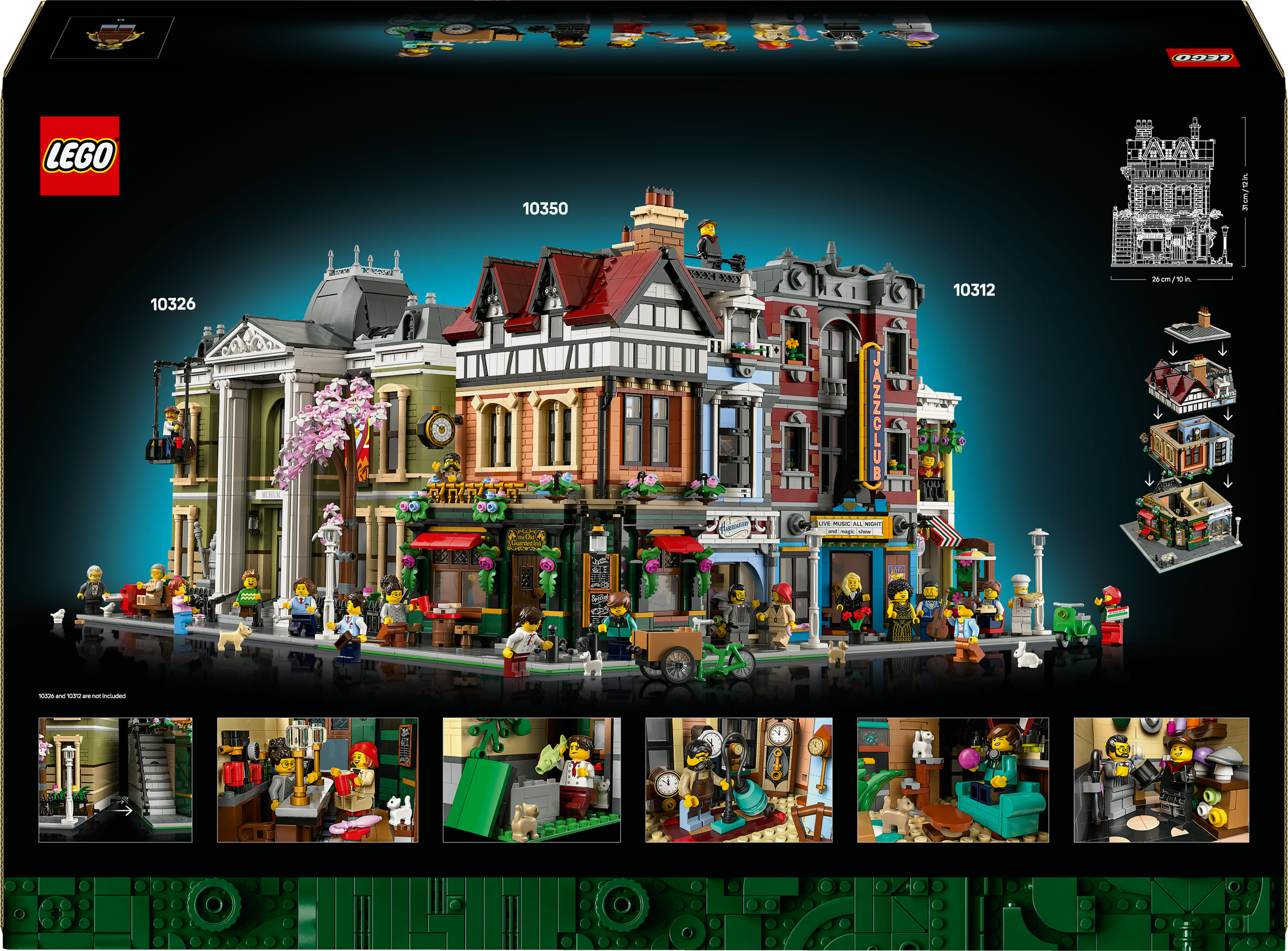 Lego-Set, das eine Straße mit Gebäuden, Geschäften und Minifiguren darstellt, darunter ein Museum, ein Restaurant und ein Jazzclub.