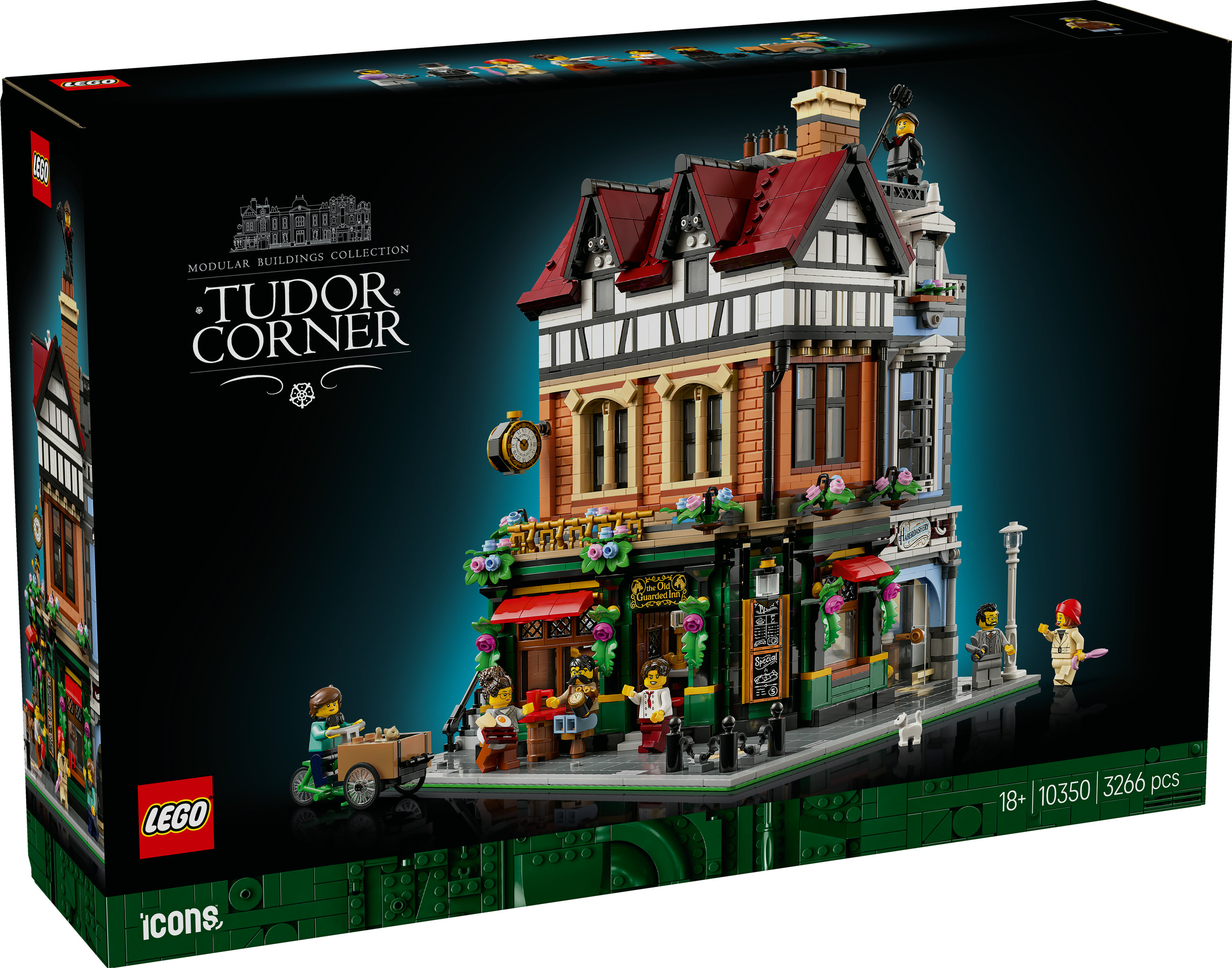 Lego Tudor Corner Set-Box. Es zeigt ein Gebäudemodell mit Minifiguren vor schwarzem Hintergrund.