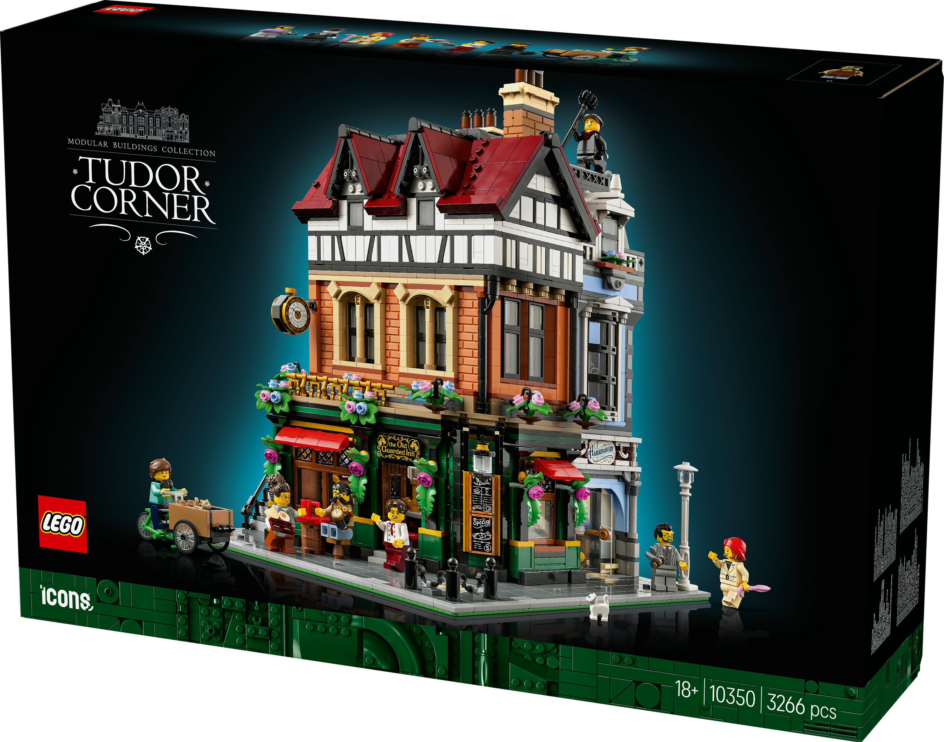 Pudełko zestawu LEGO Tudor Corner. Wielopiętrowy budynek z czerwonym dachem, zegarem, figurkami i sceną uliczną.