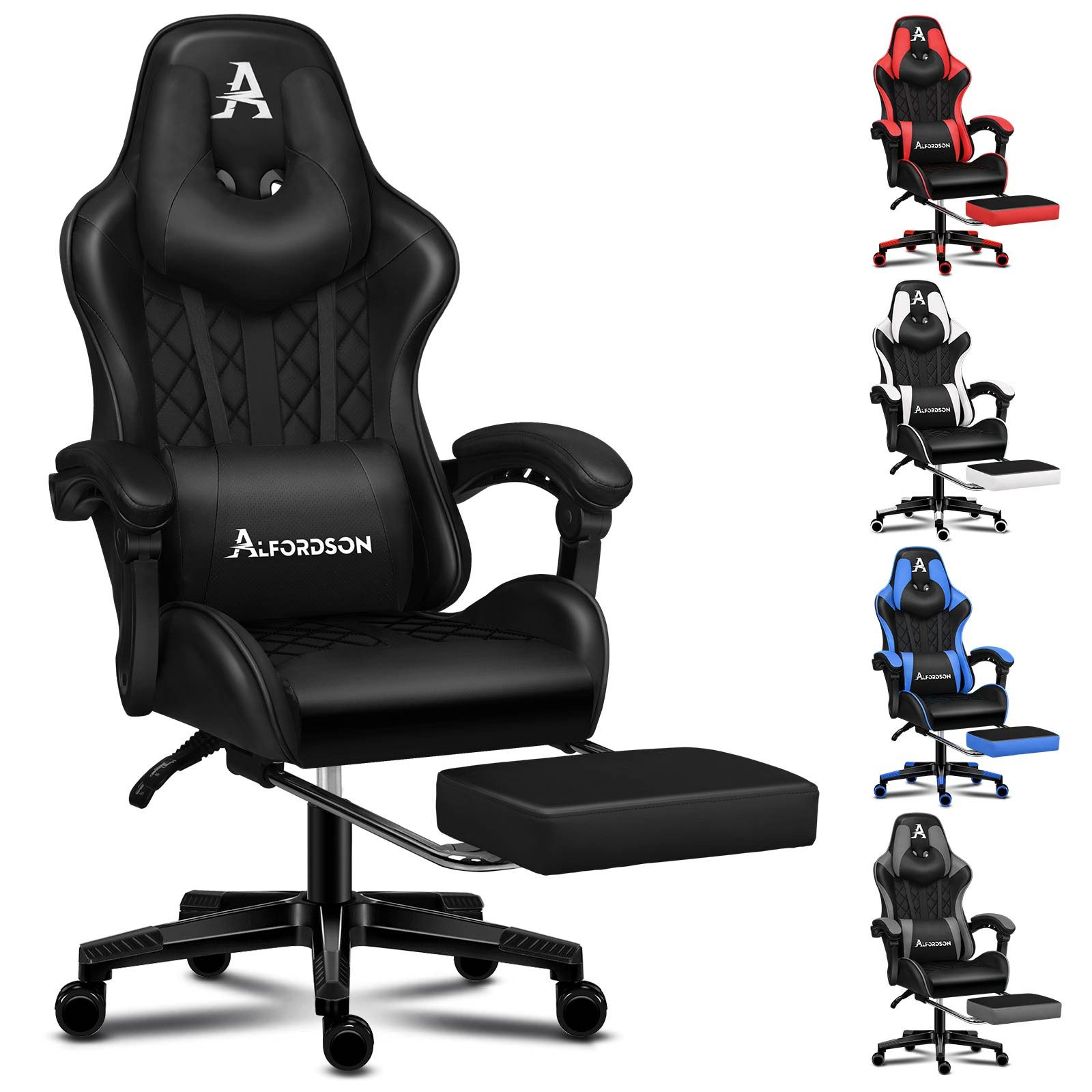 Ein schwarzer Gaming-Stuhl mit Fußstütze. Mehrere kleinere Stühle in verschiedenen Farben im Hintergrund.