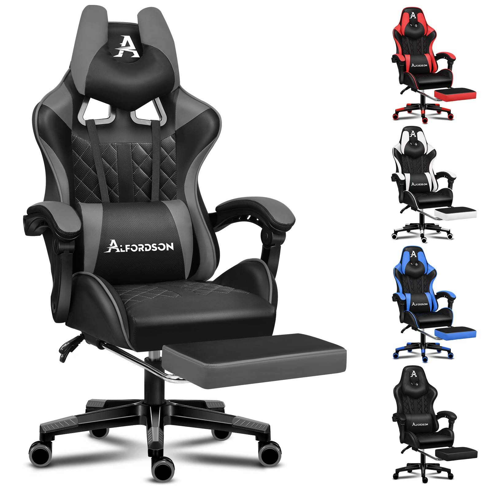Gaming-Stuhl mit Kopf- und Fußstütze. Schwarze, graue und weiße Akzente. Mehrere Farbvarianten rechts.