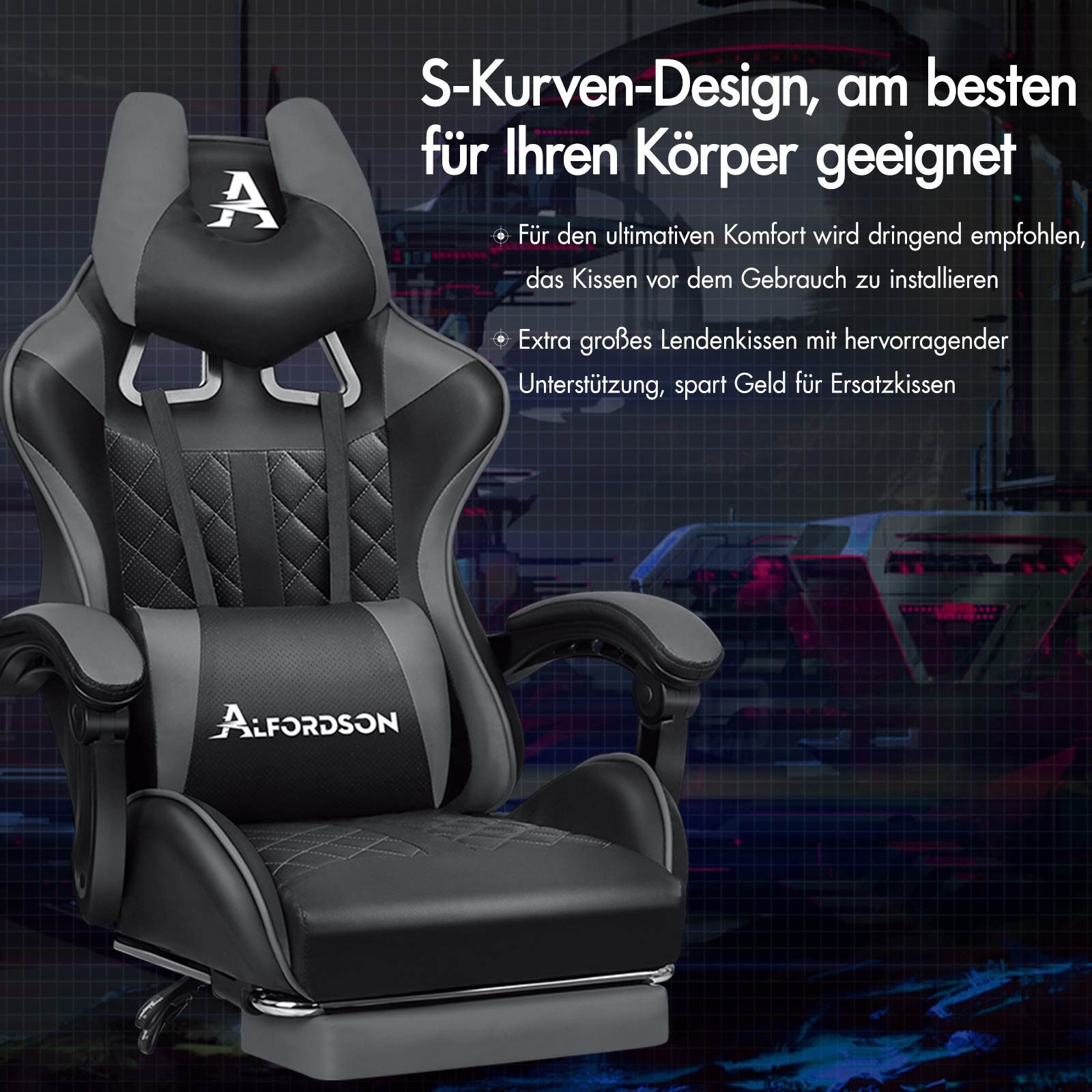 Gaming-Stuhl mit schwarzem und grauem Design. Verfügt über eine Kopfstütze mit Logo, Lendenwirbelstütze und Armlehnen. Der Hintergrund ist dunkel.