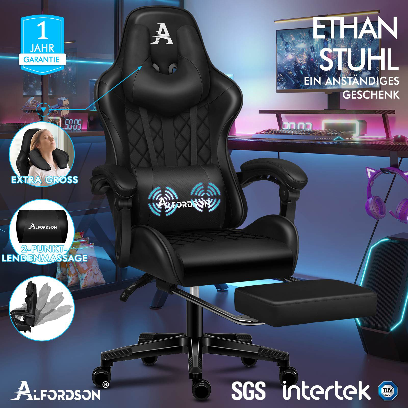 Schwarzer Gaming-Stuhl mit Fußstütze, Logo und Text. Zeigt eine Frau, die den Stuhl benutzt, mit Monitor und Tastatur im Hintergrund.