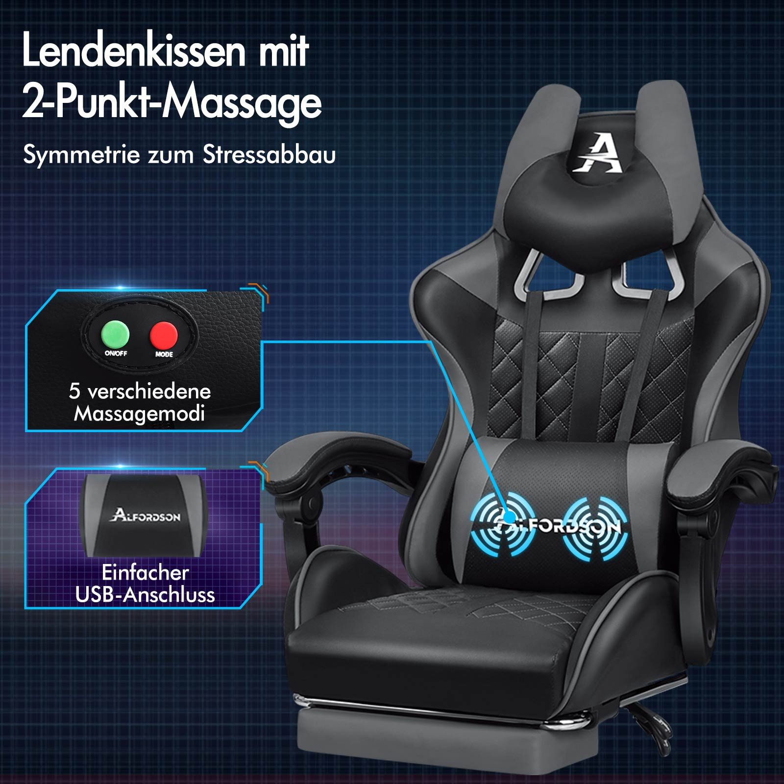 Ein grauer und schwarzer Massagesessel mit Lendenkissen. Er hat eine Ein/Aus- und Modustaste mit USB-Anschluss.