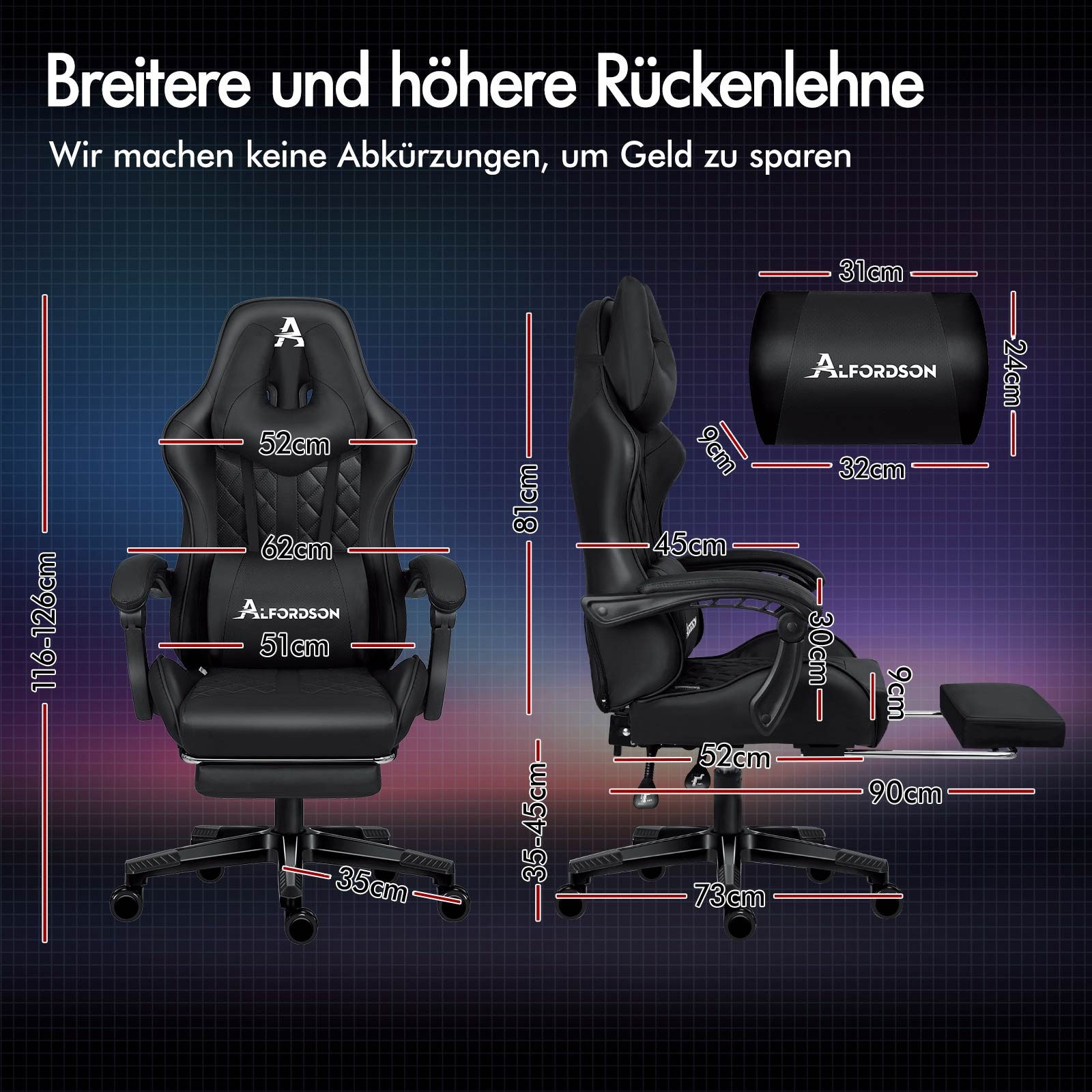 Schwarzer Gaming-Stuhl mit Maßen. Text oben, Abmessungen sind angegeben.