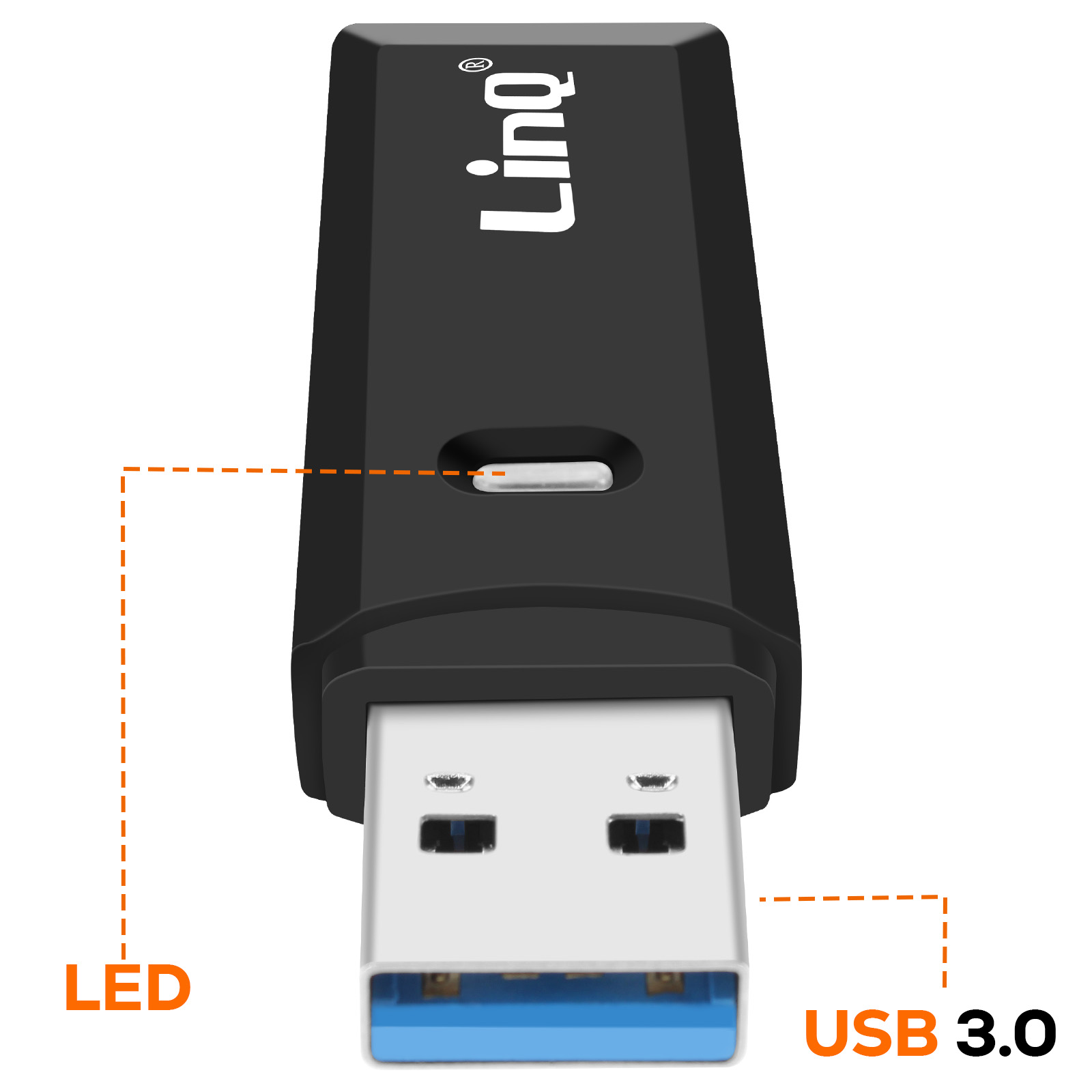 Adattatore USB nero con logo Linq bianco. Ha una porta USB 3.0 e un indicatore LED.