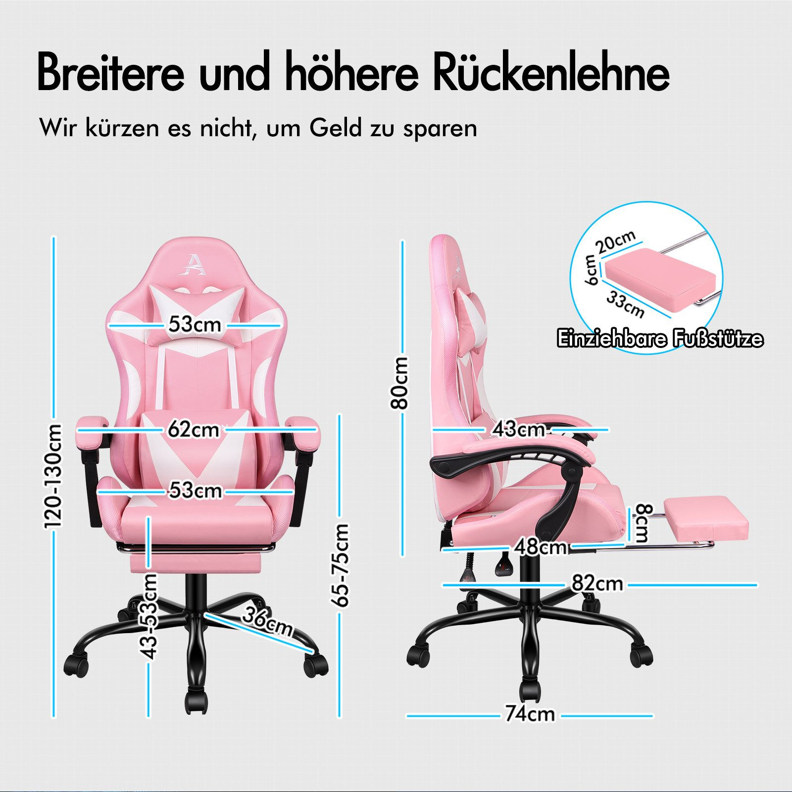Pinkfarbener Gaming-Stuhl mit Maßangaben. Inklusive Fußstütze, mit Maßen der Stuhlteile.