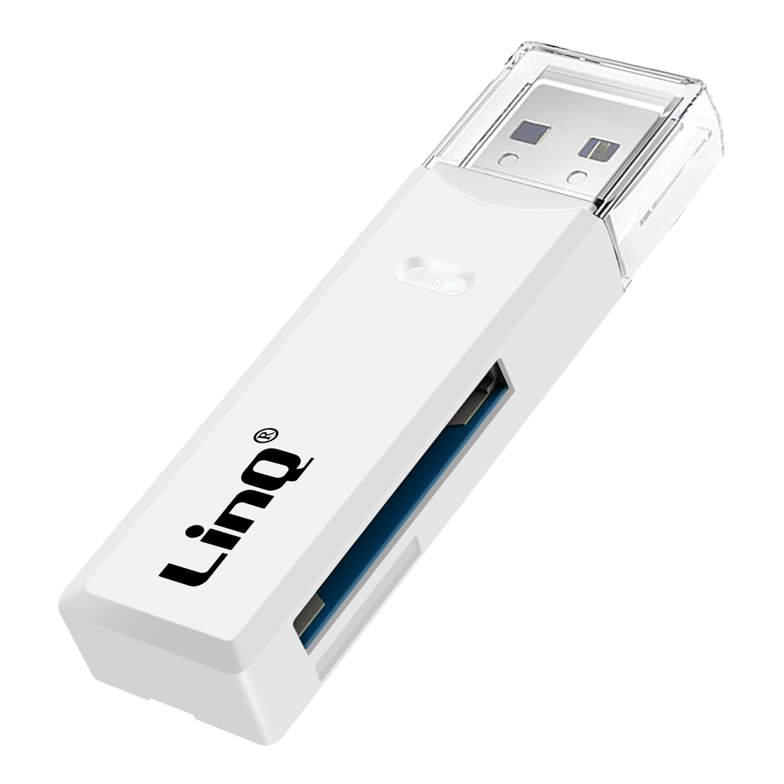 Un lector de tarjetas USB Linq blanco con una tapa de plástico transparente. La ranura tiene interior azul.
