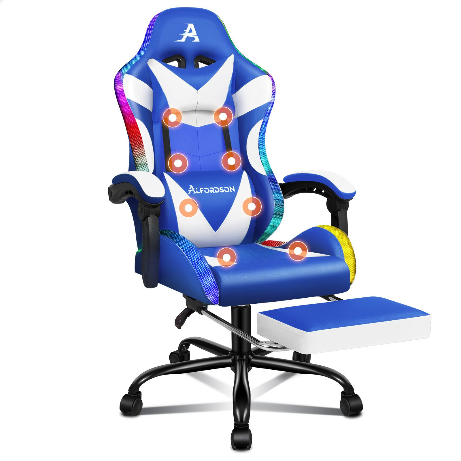 Blauer und weißer Gaming-Stuhl mit Fußstütze. Verfügt über LED-Leuchten und den Markennamen Alfordson.