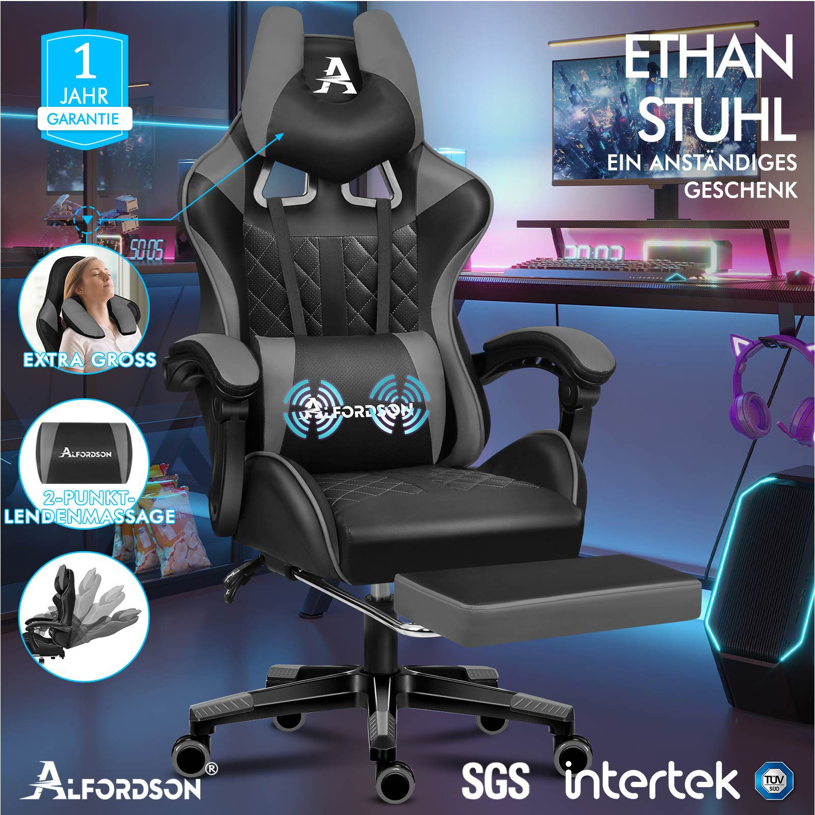 Ein Gaming-Stuhl mit Fußstütze. Er hat eine Kopfstütze mit dem Buchstaben A. Der Hintergrund zeigt einen Computeraufbau.