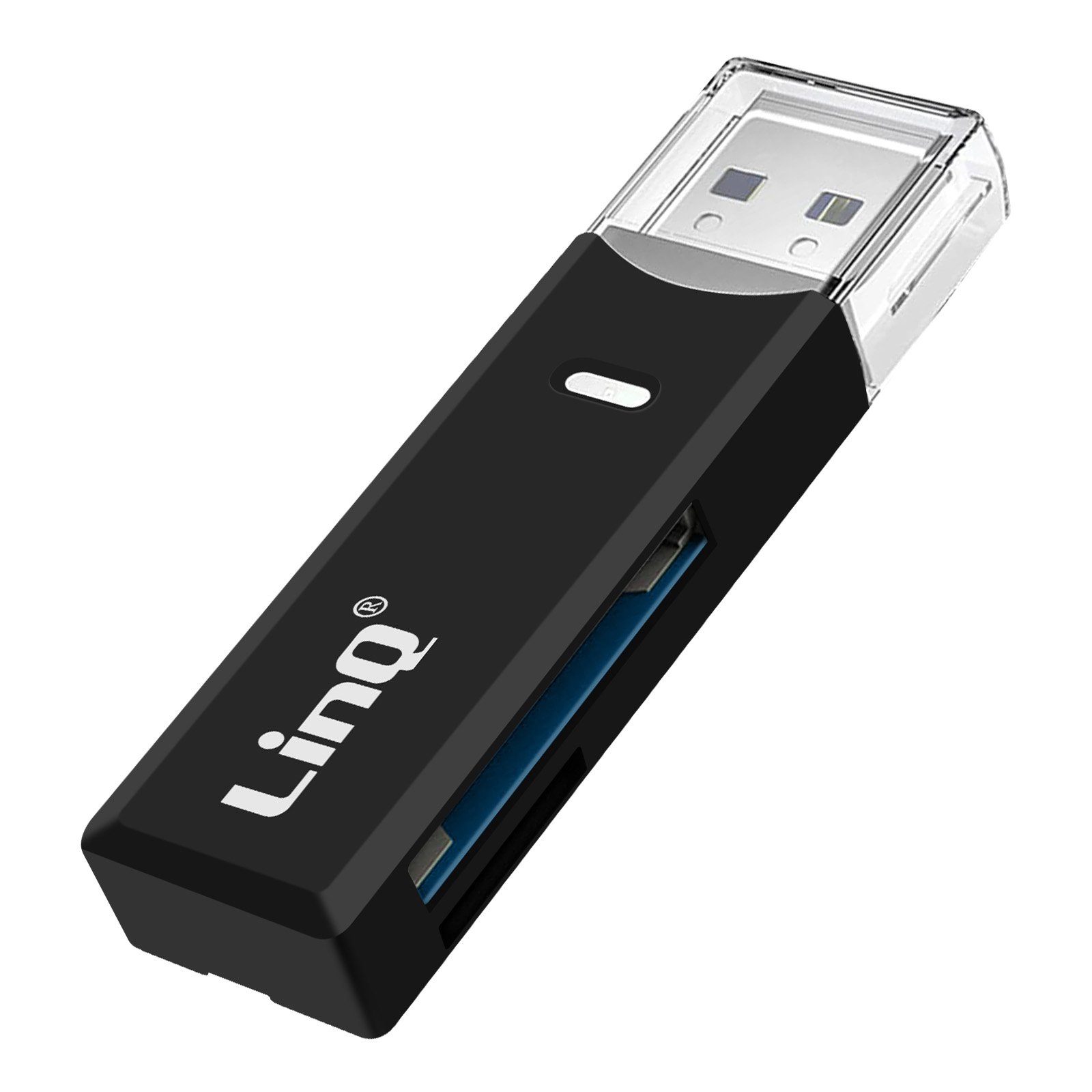 Lettore di schede Linq nero con connettore USB e cappuccio trasparente. Ha uno slot per schede.