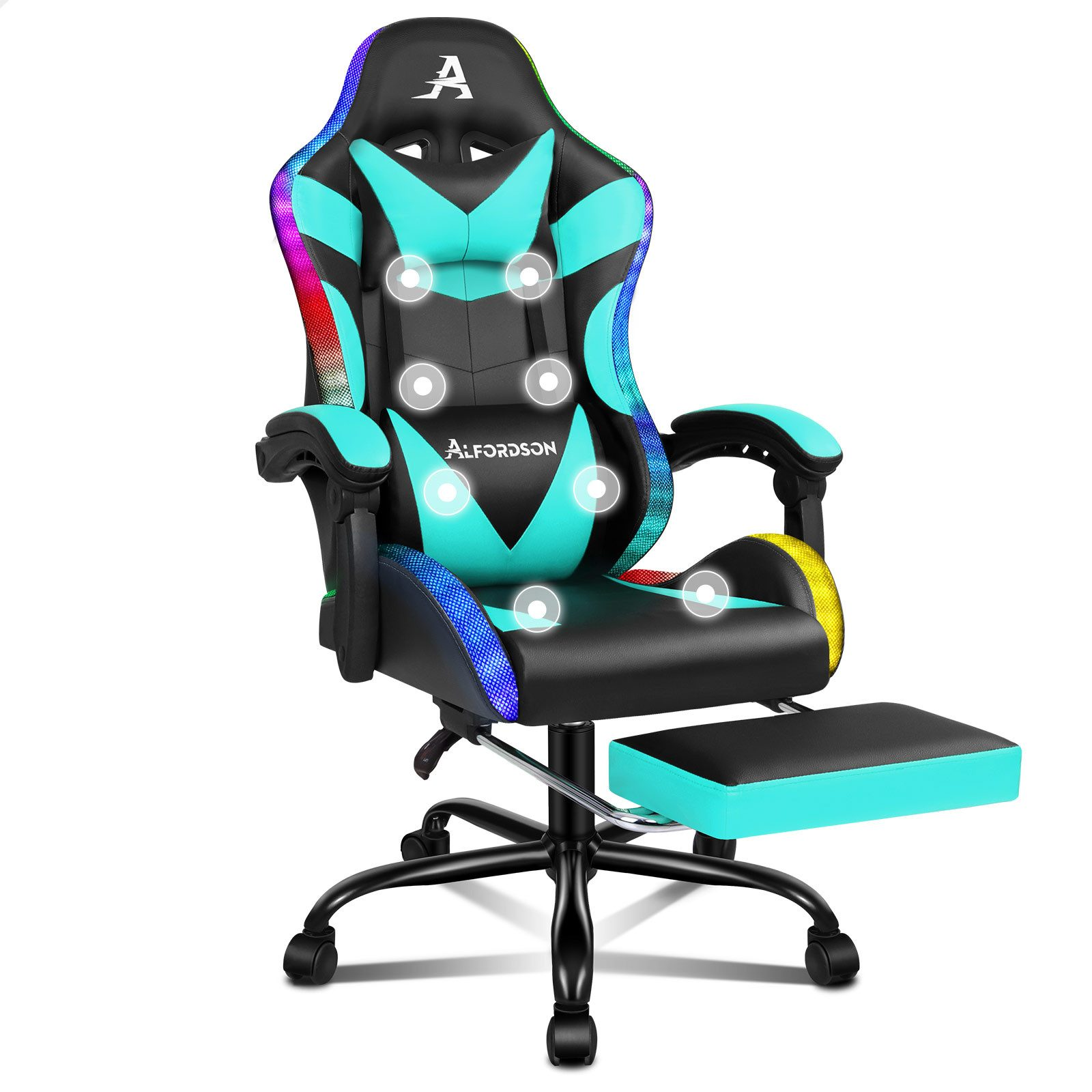 Gaming-Stuhl: schwarz, türkis und Regenbogenakzente. Mit Fußstütze und 'A'-Logo.