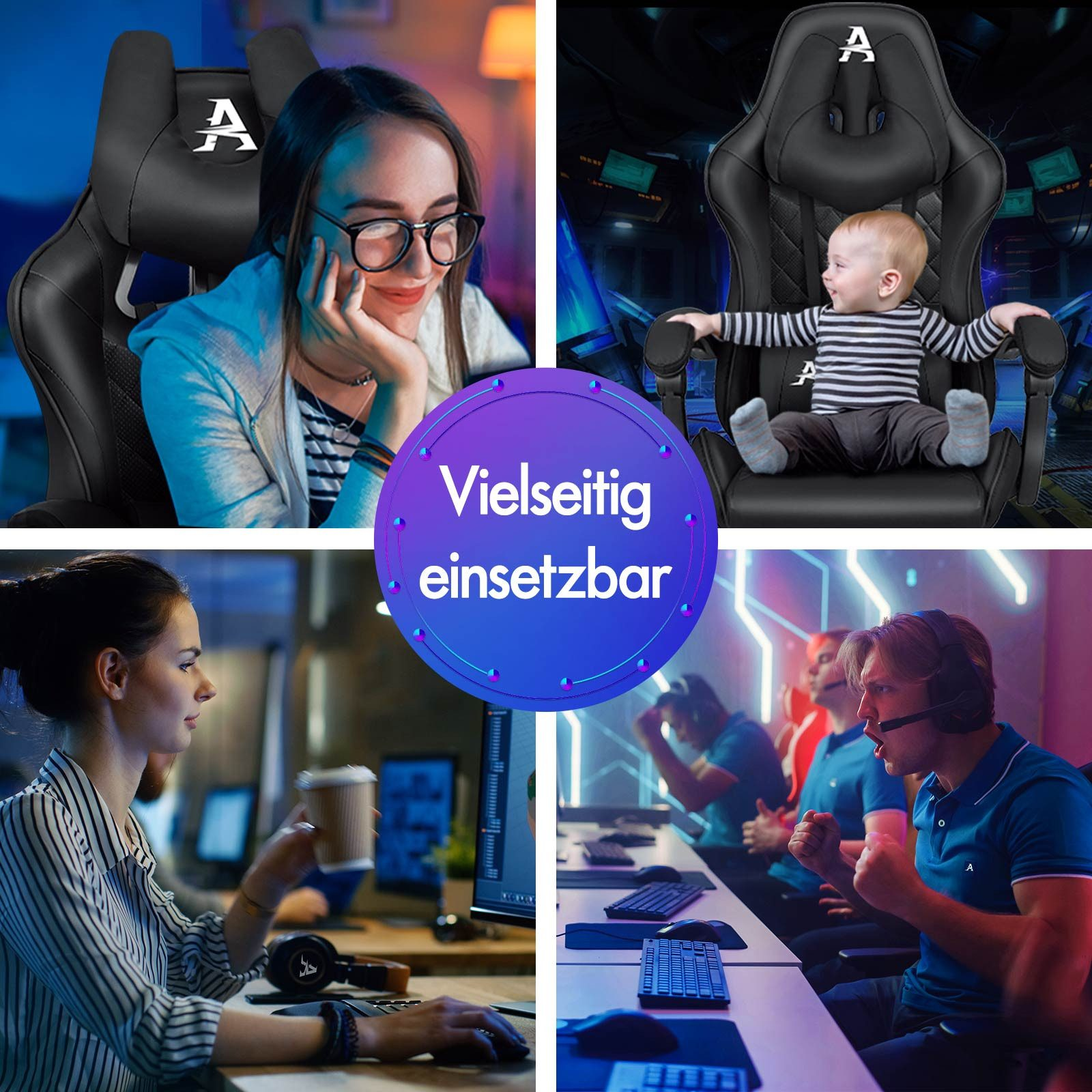 Collage von Personen, die schwarze Stühle benutzen. Enthält eine Frau, ein Baby, eine arbeitende Frau und Gamer. Die Stühle haben ein weißes 'A' Logo.