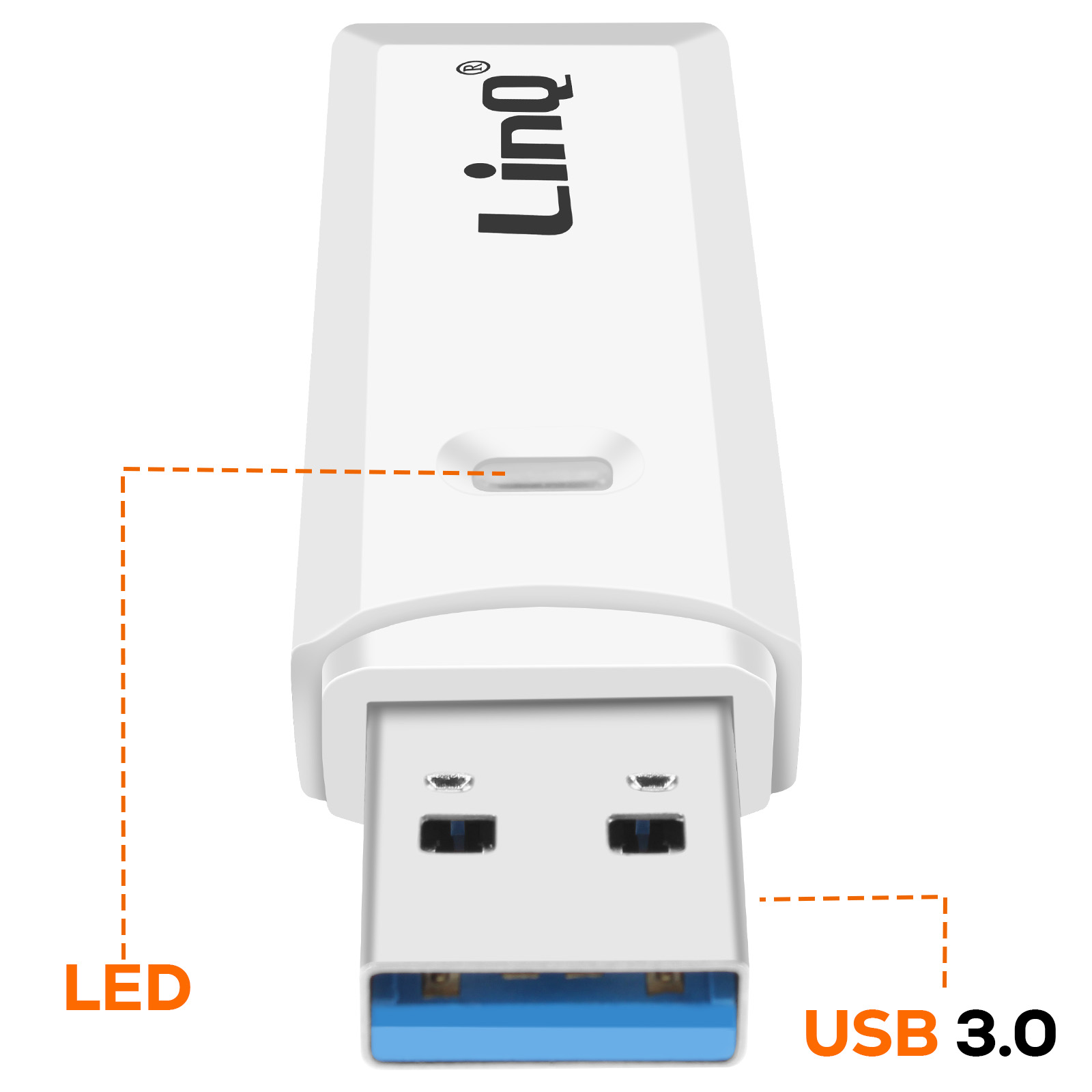Adaptador USB 3.0 Linq blanco. Tiene indicador LED y puerto USB 3.0. Logotipo de Linq en la parte superior.