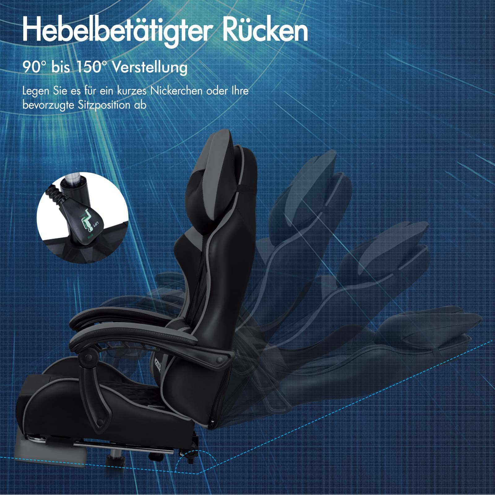 Ein schwarz-grauer verstellbarer Gaming-Stuhl mit Text, der die Neigungswinkel zeigt. Ein Hebel ist im Nahaufnahme gezeigt.