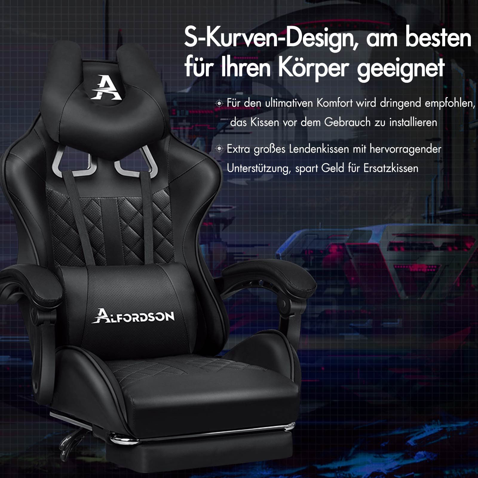 Ein schwarzer Gaming-Stuhl mit Kopfstütze, Armlehnen und Lendenkissen. Die Marke ist Alfordson.