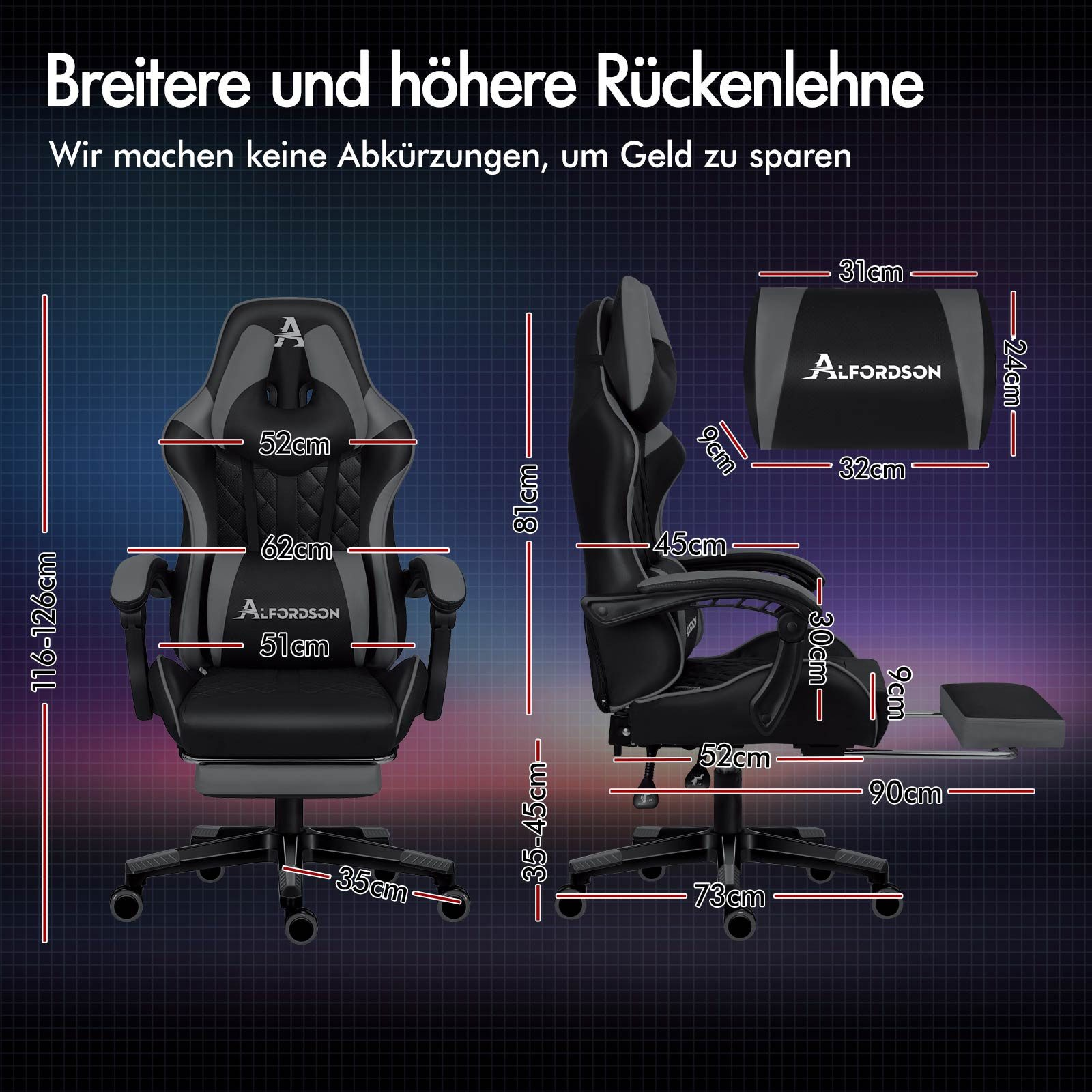 Gaming-Stuhl mit Abmessungen, schwarz-graues Farbschema, Produktdetails und blauer Hintergrund.