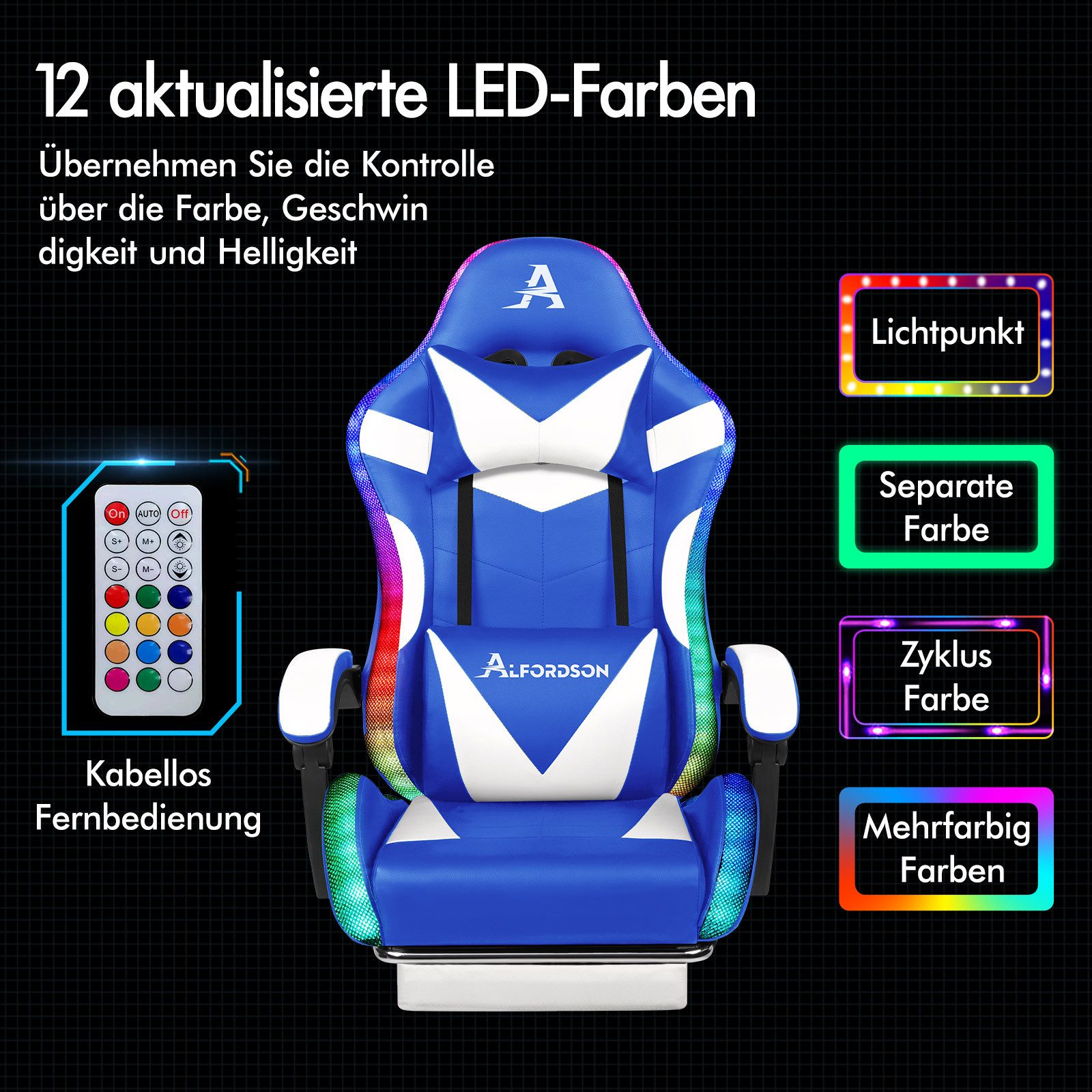 Blauer Gaming-Stuhl mit LED-Leuchten. Fernbedienung mit Farboptionen. Text auf Deutsch: 12 LED-Farben.