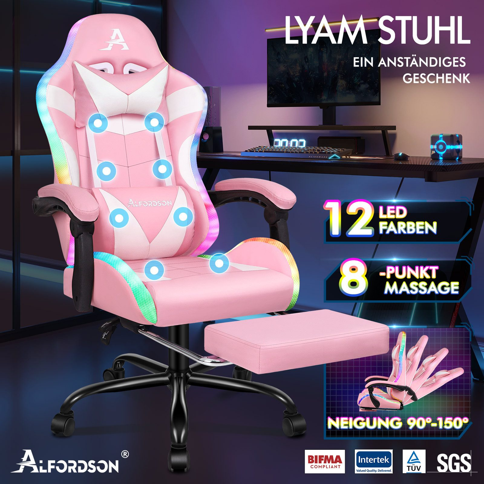 Rosa Gaming-Stuhl mit Fußstütze. Merkmale sind LED-Leuchten, Massage und verstellbare Neigung. Ein Schreibtisch und Zubehör im Hintergrund.
