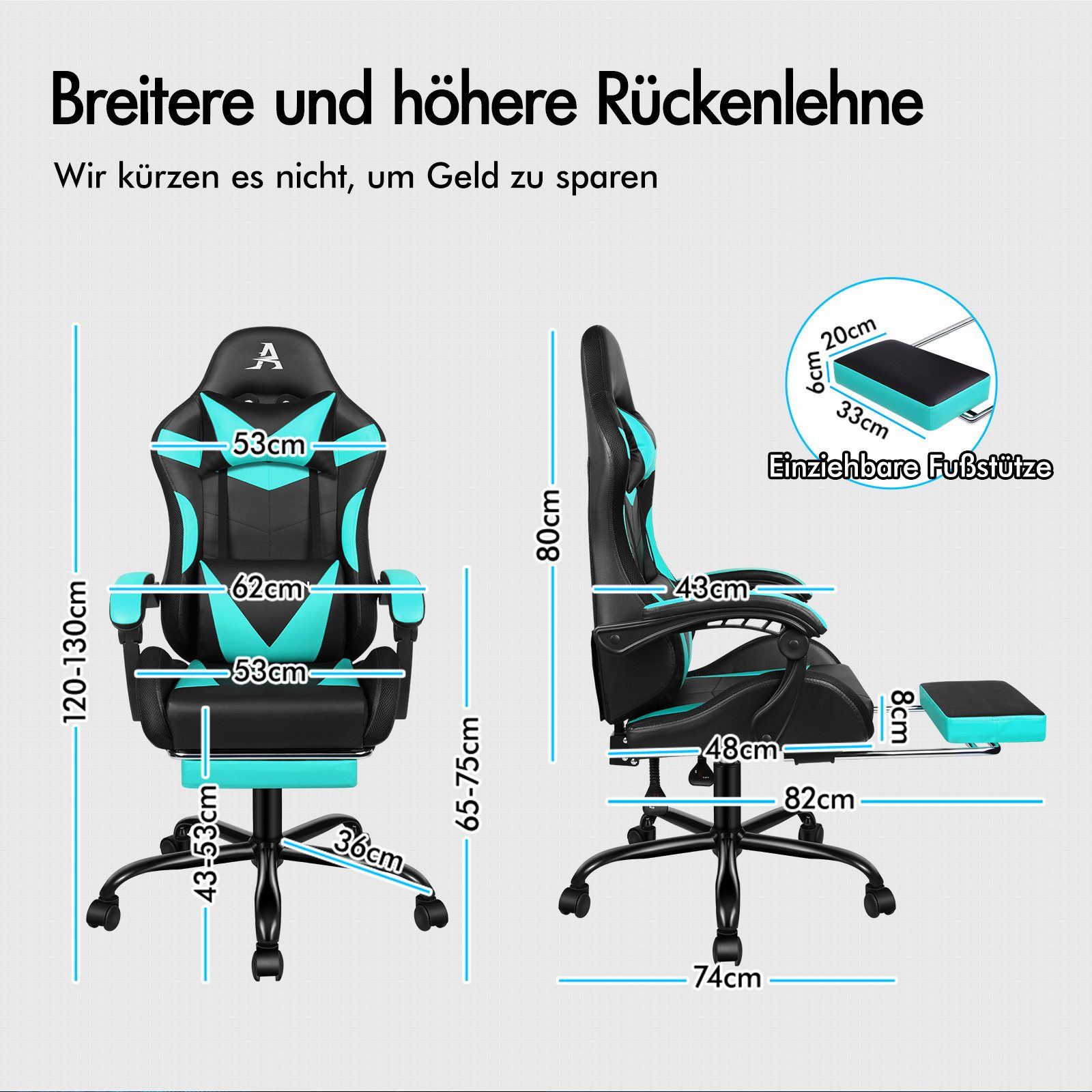Gaming-Stuhl mit Abmessungen, schwarz und türkis. Merkmale umfassen eine verstellbare Fußstütze und Maße in cm.