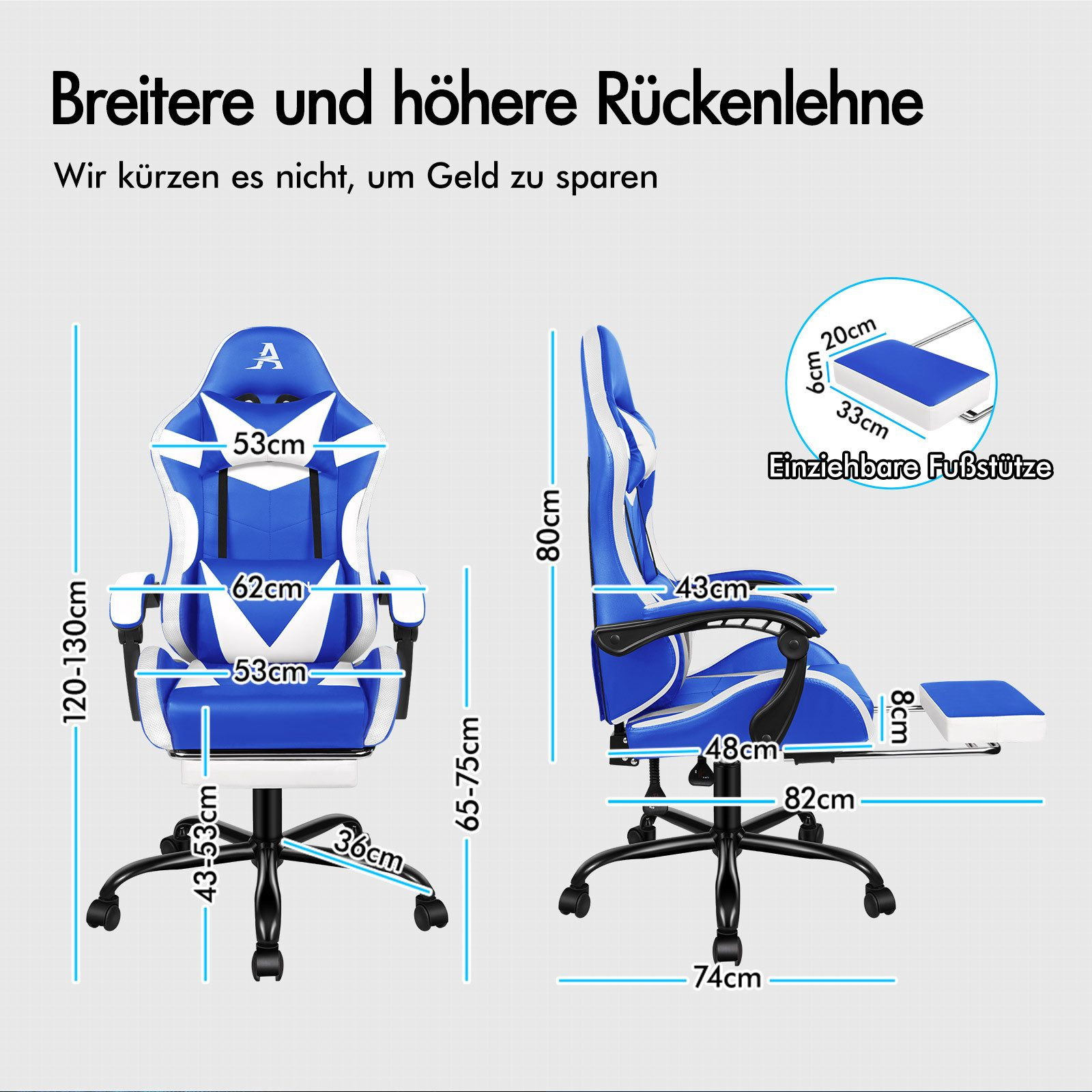Diagramm eines blau-weißen Gaming-Stuhls mit Maßen. Deutscher Text zeigt breitere Rückenlehne und ausziehbare Fußstütze.