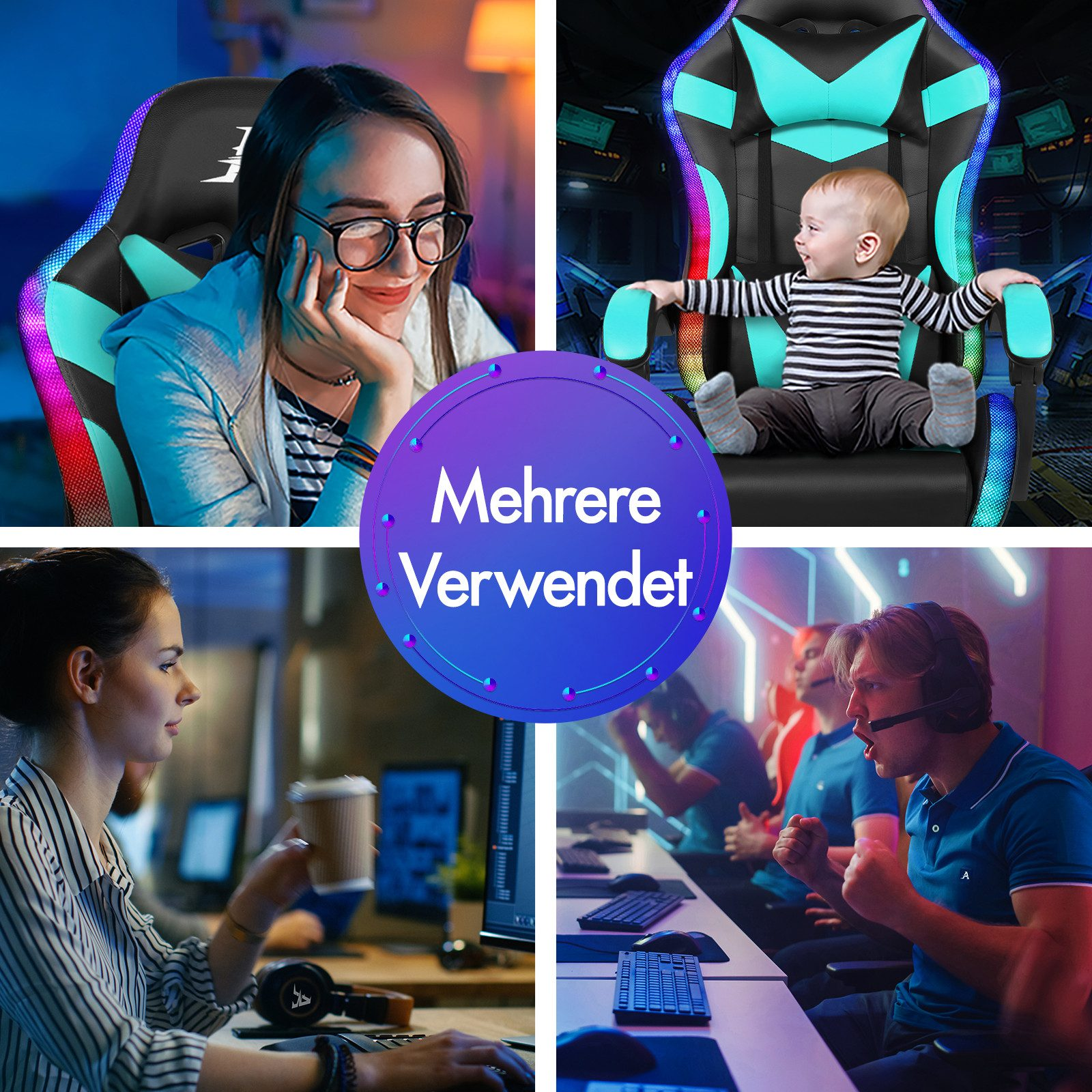 Vier Bilder zeigen Menschen in Gaming-Stühlen. Ein Mädchen lächelt, ein Baby sitzt, eine Frau arbeitet und Gamer feiern.