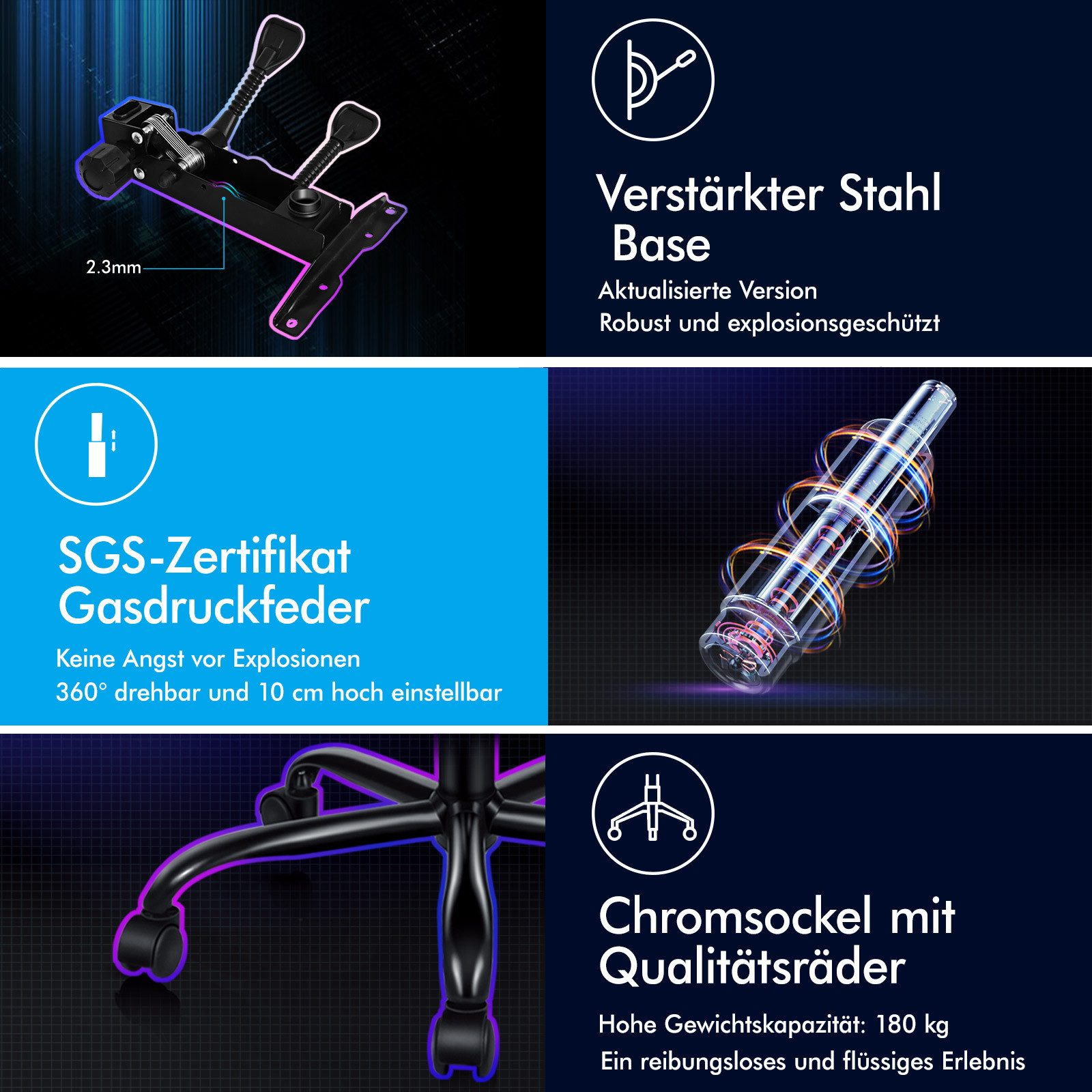 Ein Bild mit Details eines schwarzen und Chrom-Stuhlfußes und -Komponenten, mit Text auf Deutsch.