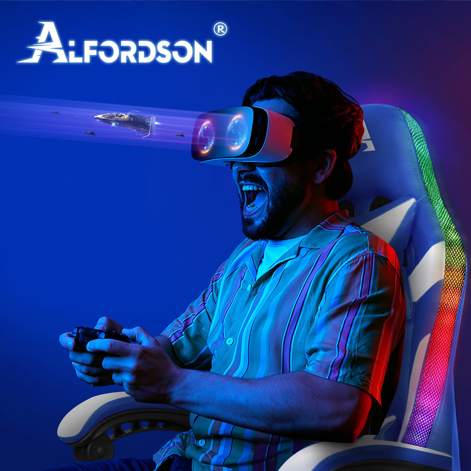 Mann mit VR-Headset spielt Spiel in Gaming-Stuhl. Sci-Fi-Elemente werden aus dem Headset projiziert.