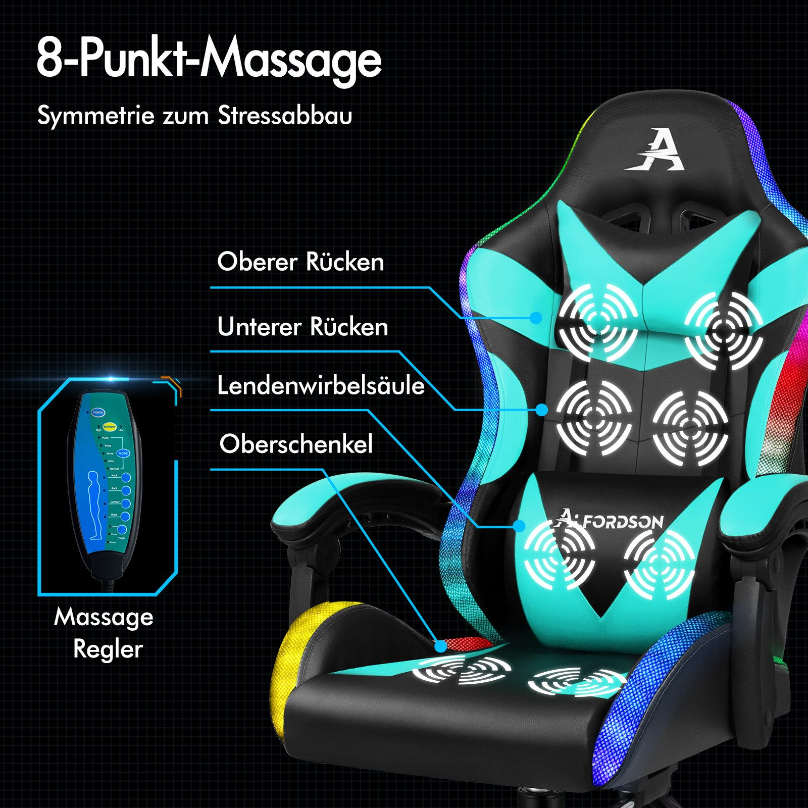 Ein ergonomischer Massagestuhl mit beschrifteten Rücken- und Oberschenkelbereichen. Er hat ein Bedienfeld und den Markennamen 'ALFORDSON'.