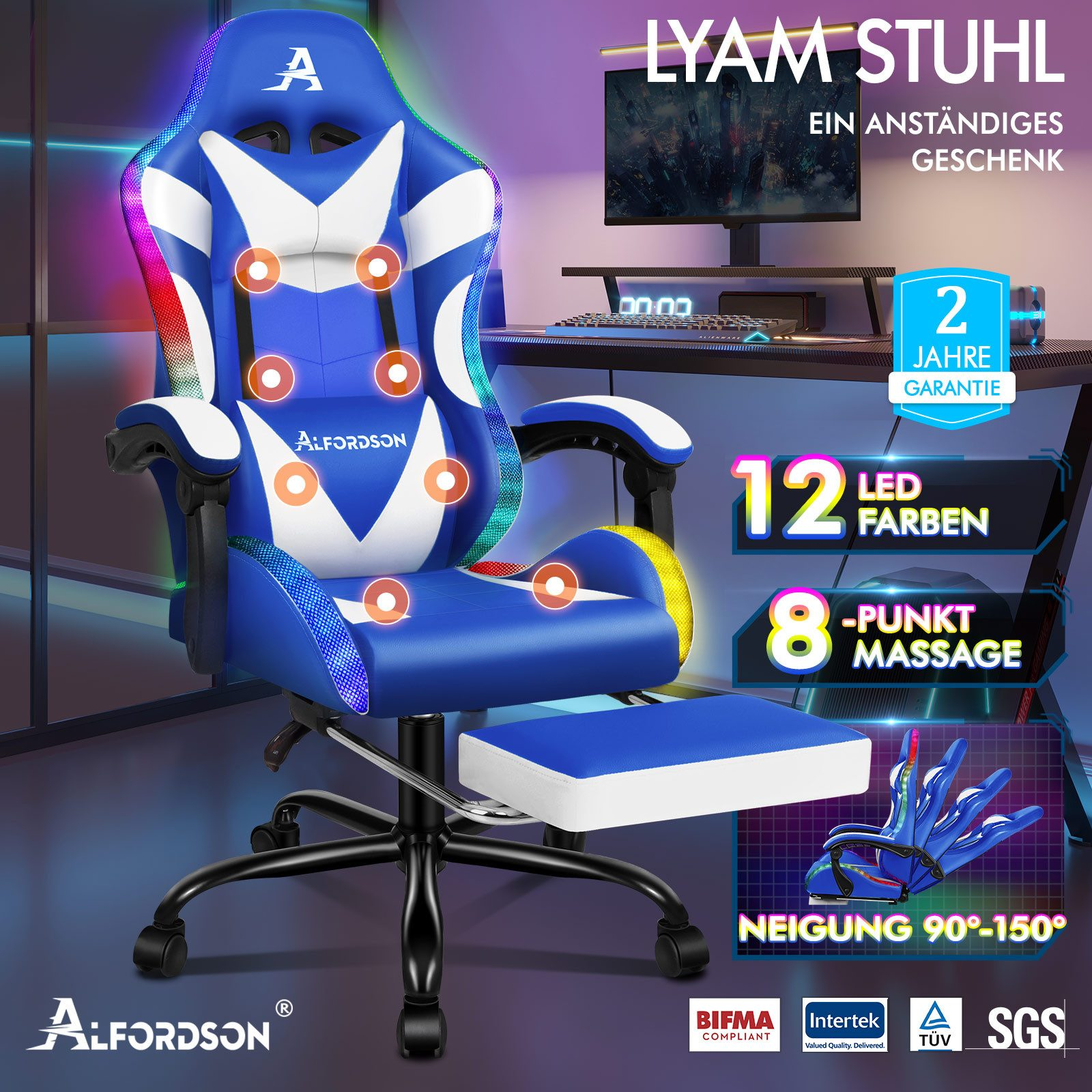 Blau-weißer Gaming-Stuhl mit Fußstütze. Merkmale sind LED-Leuchten, Massage und 90-150 Grad Neigung.