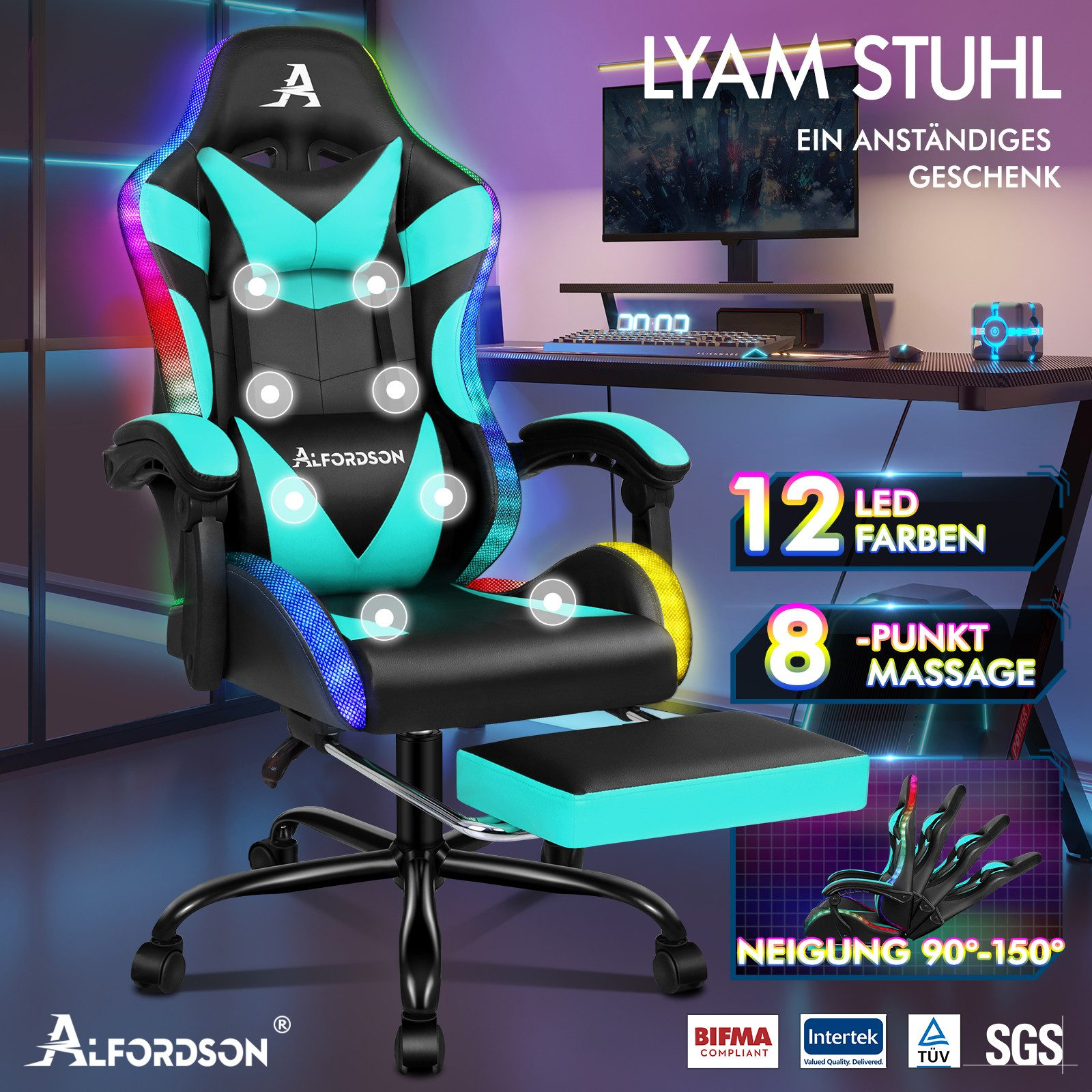 Gaming-Stuhl mit blauen und schwarzen Akzenten, LED-Leuchten, Fußstütze und Massagefunktionen. Text: LYAM STUHL, 12 LED Farben, 8-Punkt Massage.