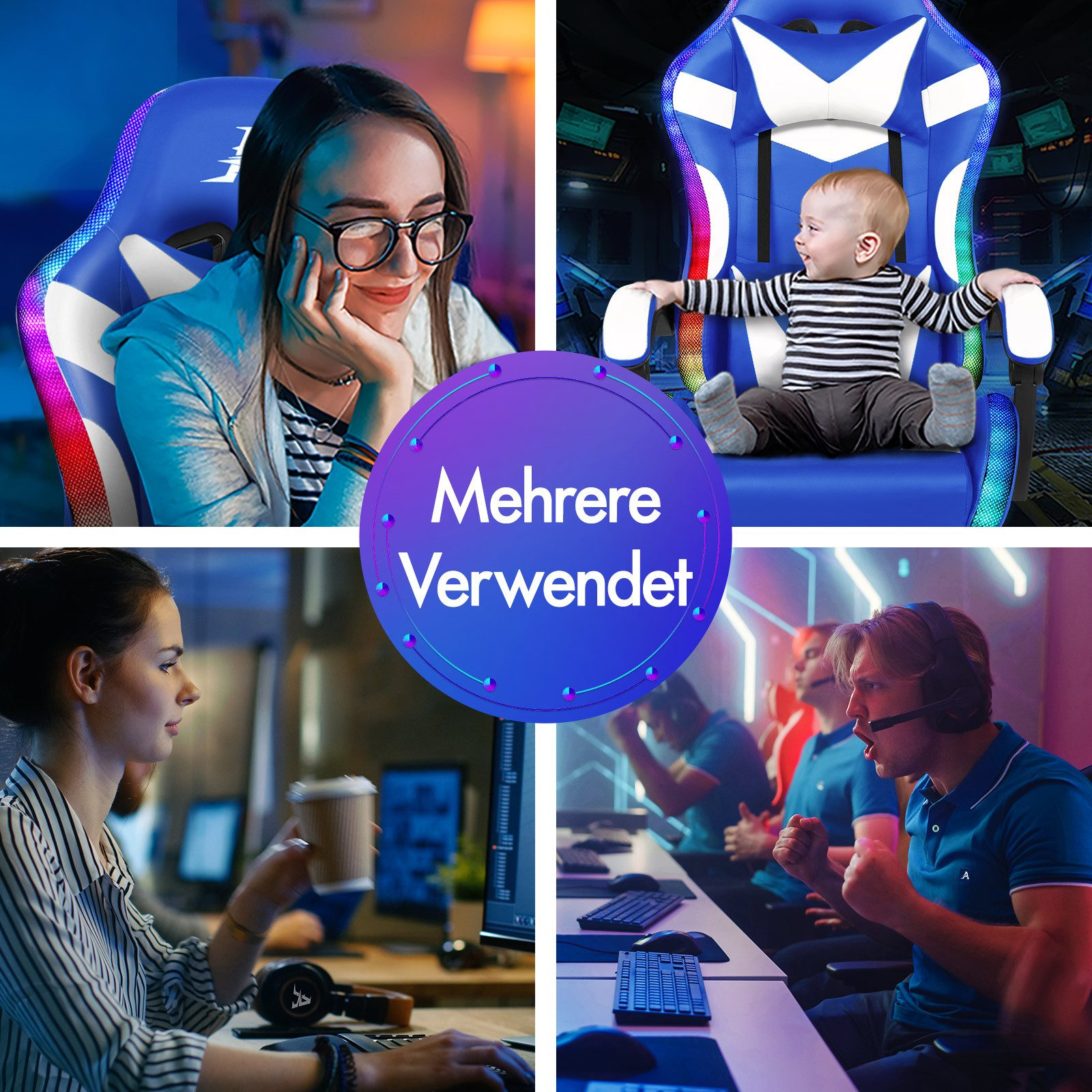 Das Bild zeigt Menschen in verschiedenen Umgebungen: eine Frau in einem Gaming-Stuhl, ein Baby, eine arbeitende Frau und Gamer.