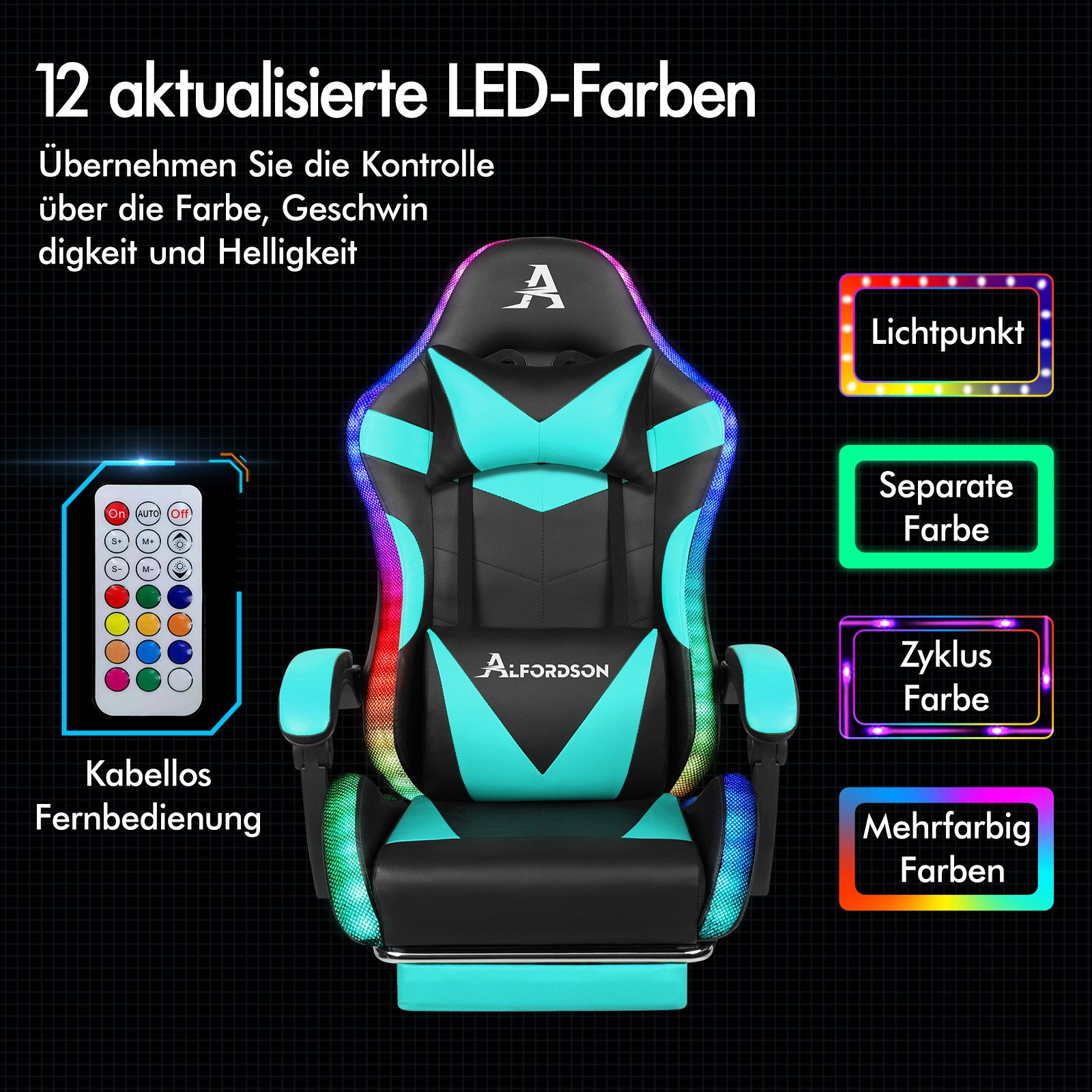 Gaming-Stuhl mit blauem und schwarzem Design, LED-Leuchten, Fernbedienung und Farboptionen.