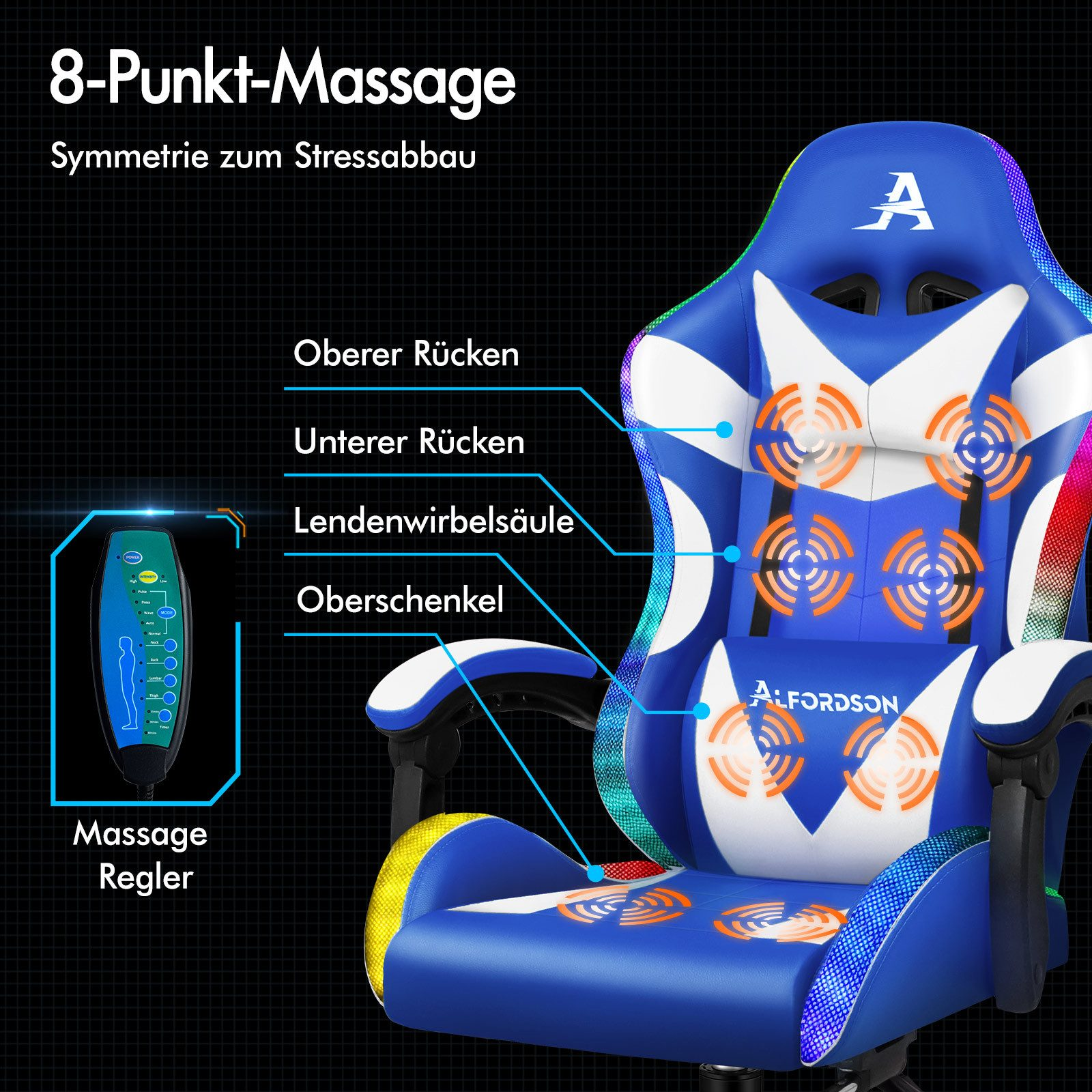 Ein blauer und weißer Massagestuhl mit hervorgehobenen Massagepunkten. Text beschreibt die Merkmale und die Massage Steuerung.