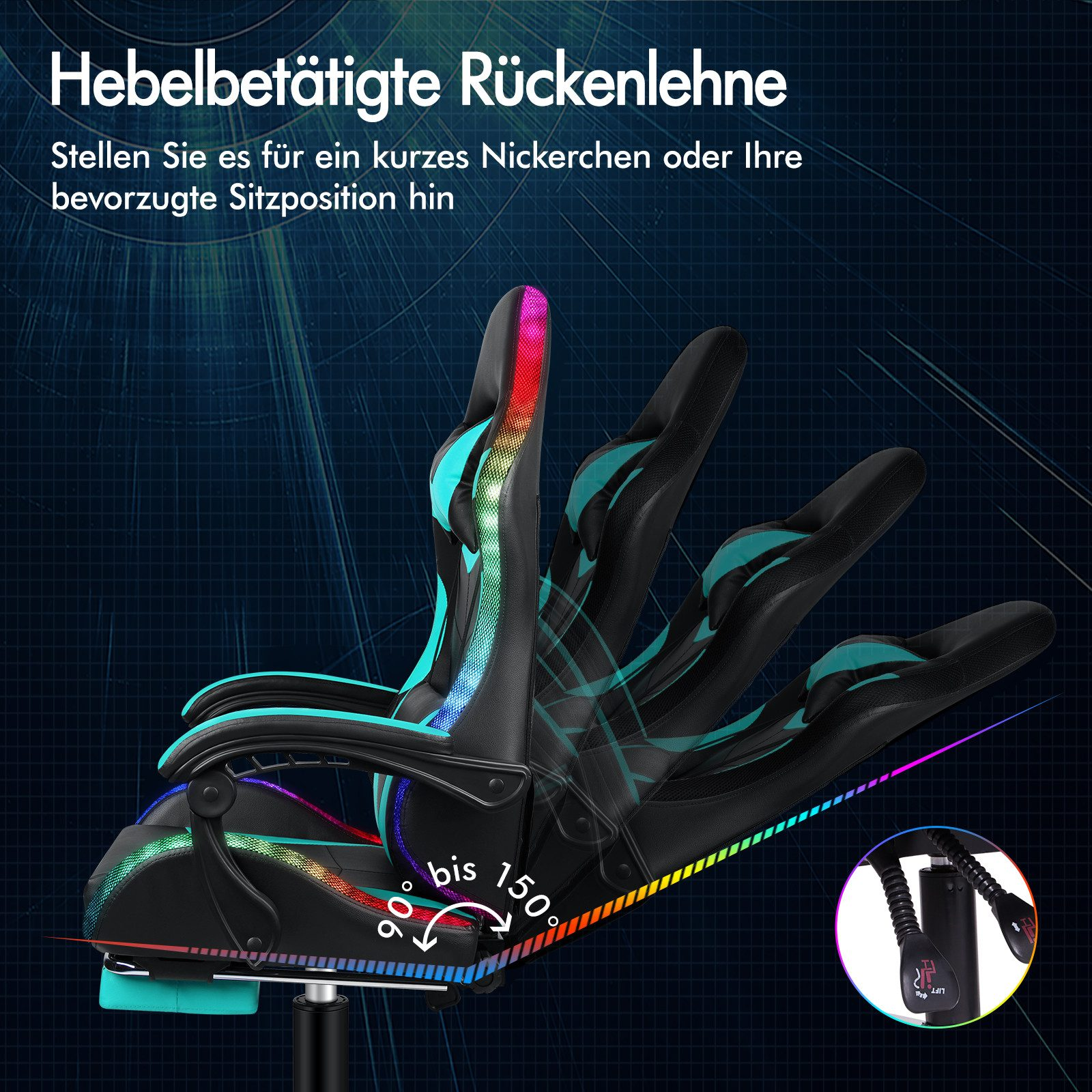 Illustration eines Gaming-Stuhls. Schwarz mit türkis Akzenten. Verstellbare Rückenlehne von 90 bis 150 Grad.
